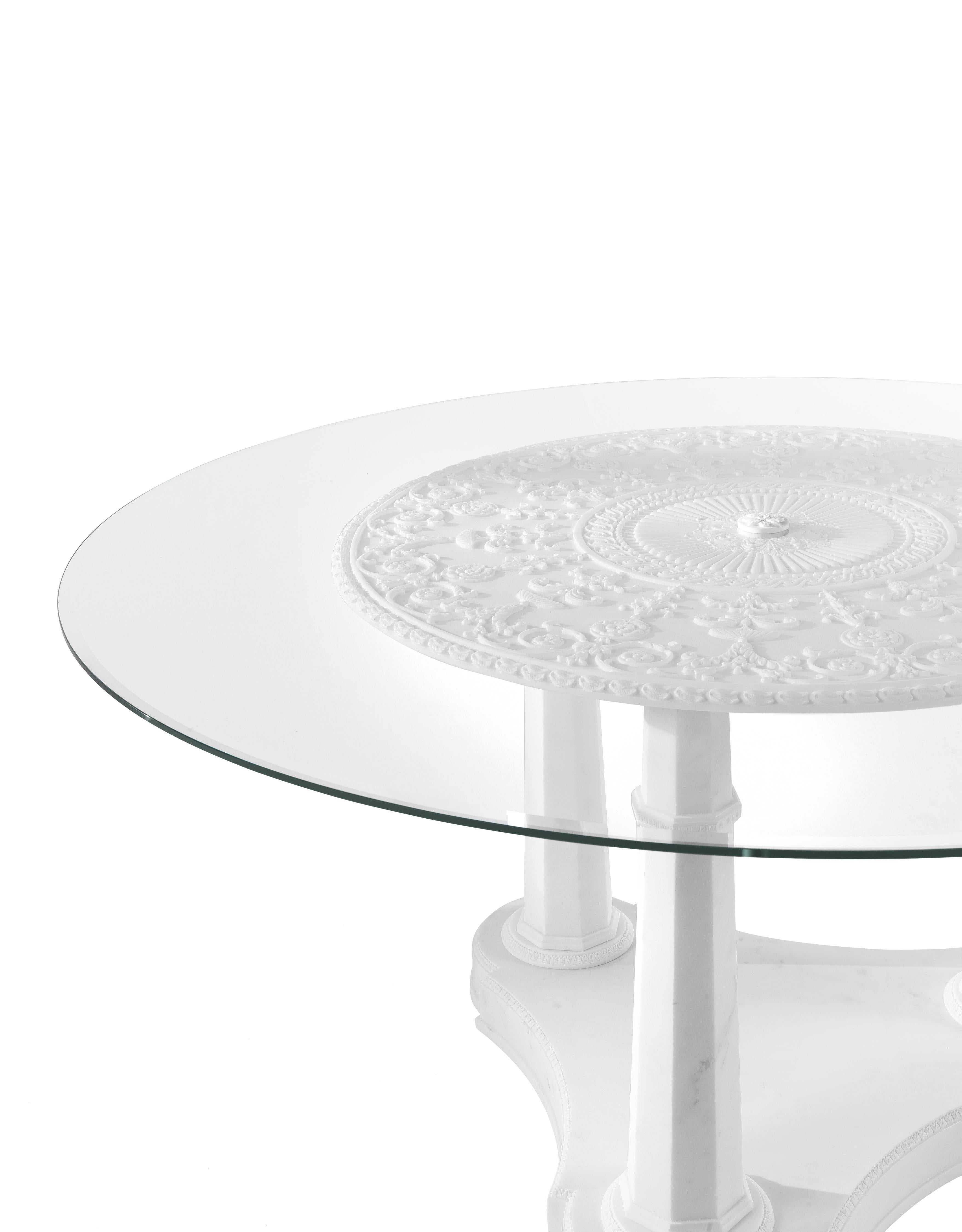 Italian 21st Century Relief Entrance Table in White Statuario Marble and Glass Top For Sale