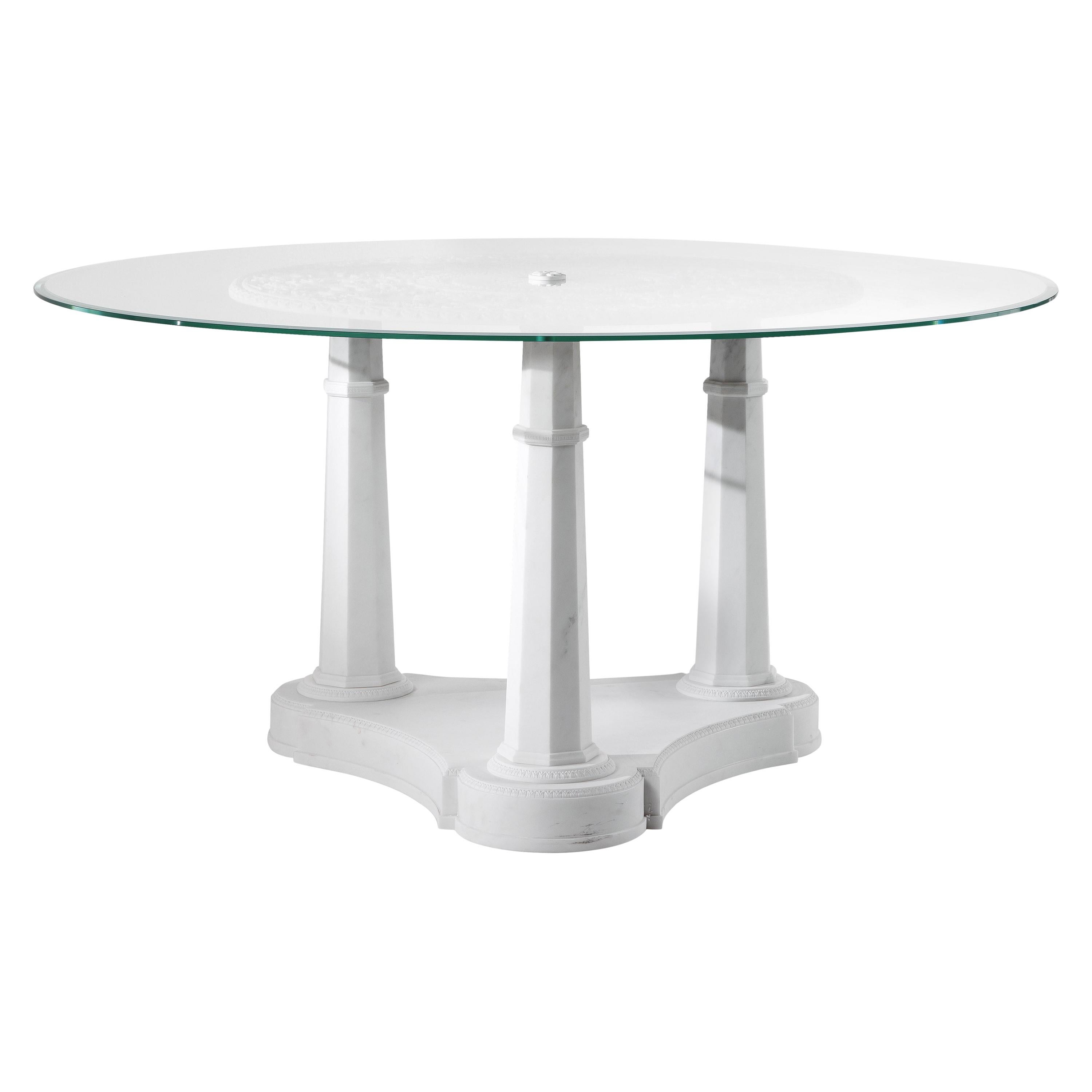 21st Century Relief Entrance Table in White Statuario Marble and Glass Top For Sale