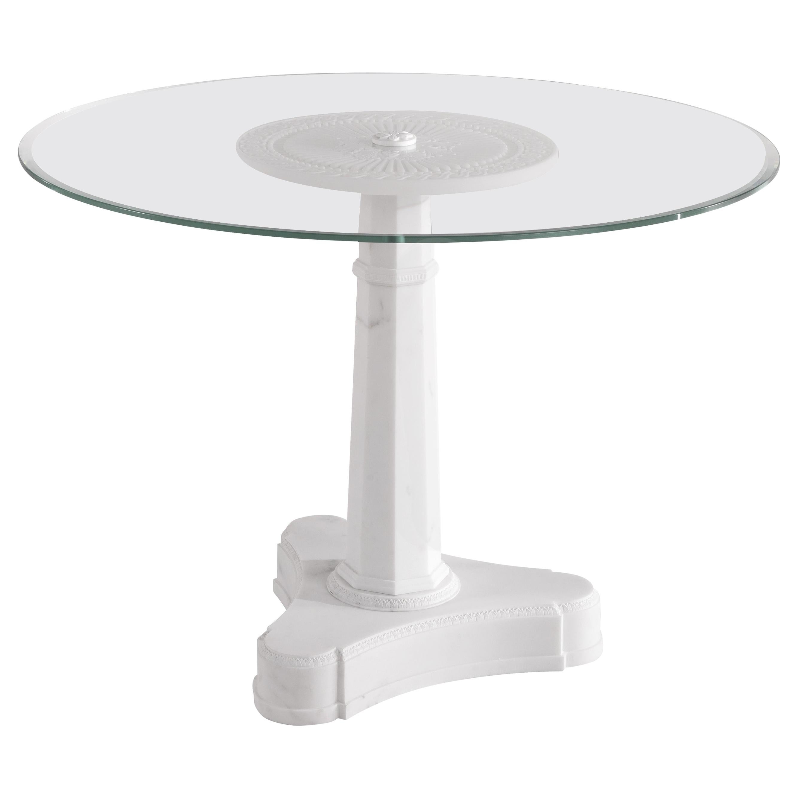 21st Century Relief Side Table in White Statuario Marble with Engraved Details For Sale