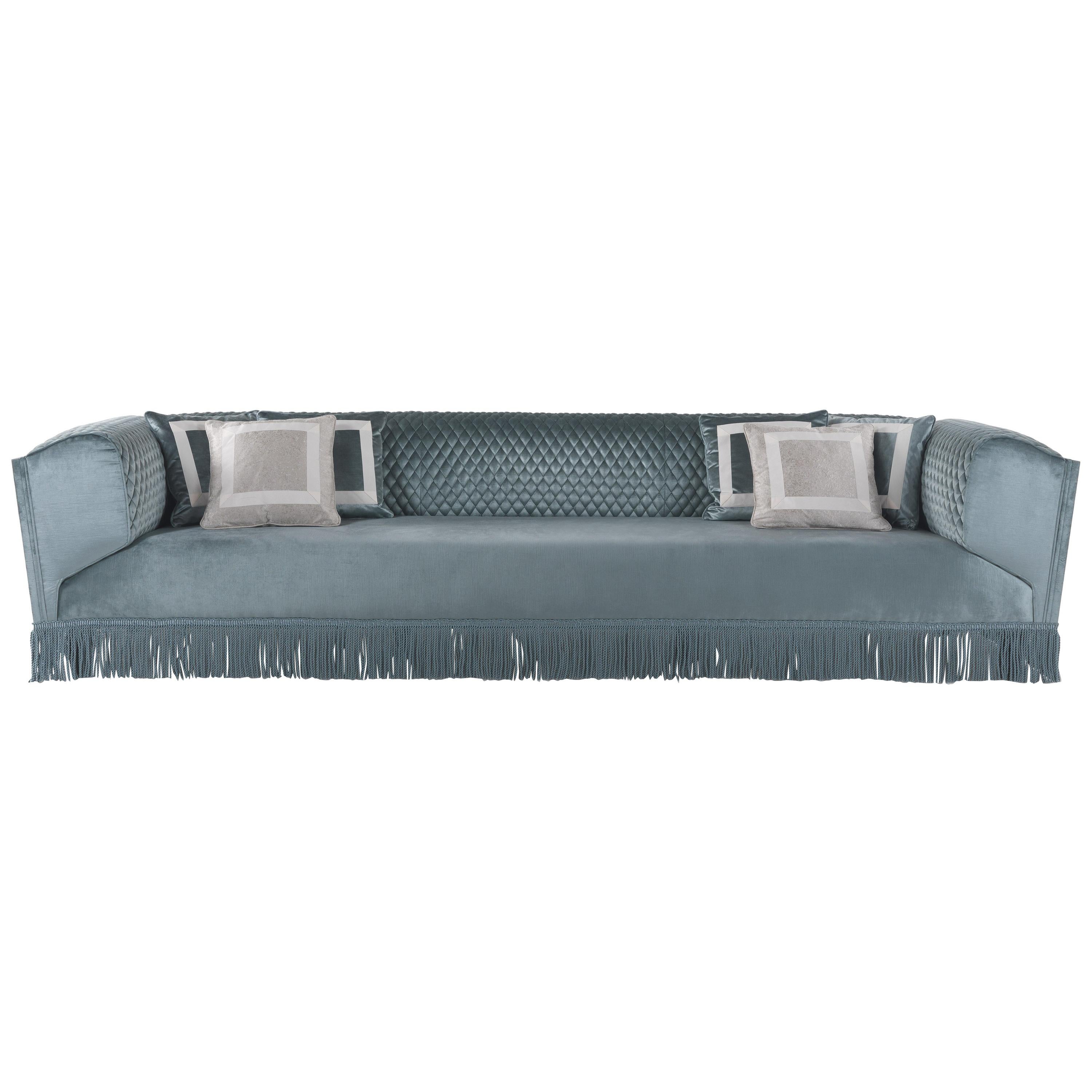 21st Century Saturno 3-Seater Sofa in Velvet with Decorative Fringe For Sale