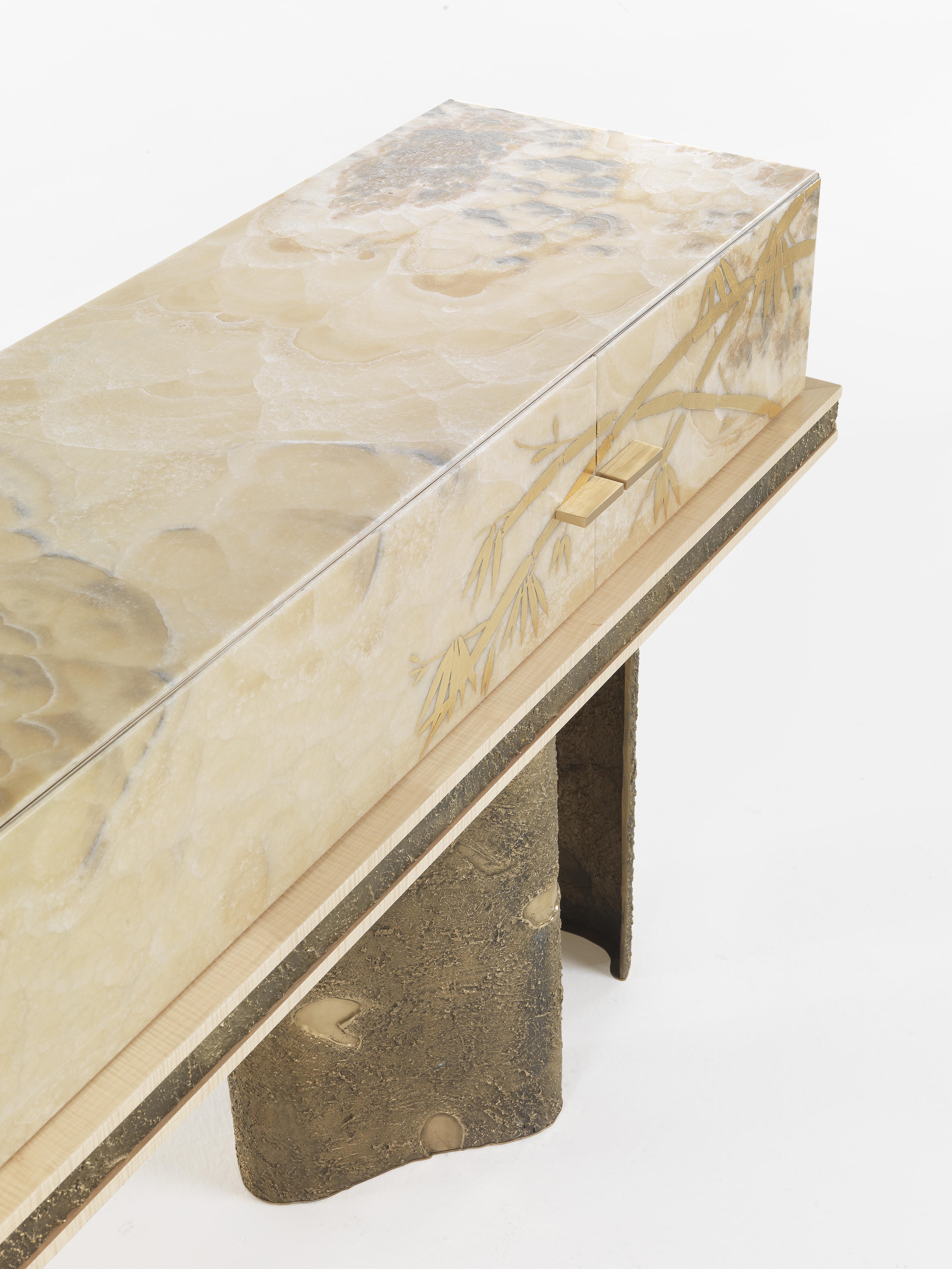 Italian 21st Century Shinto Console with Sculptural Bases in Lost-wax Cast Brass  For Sale