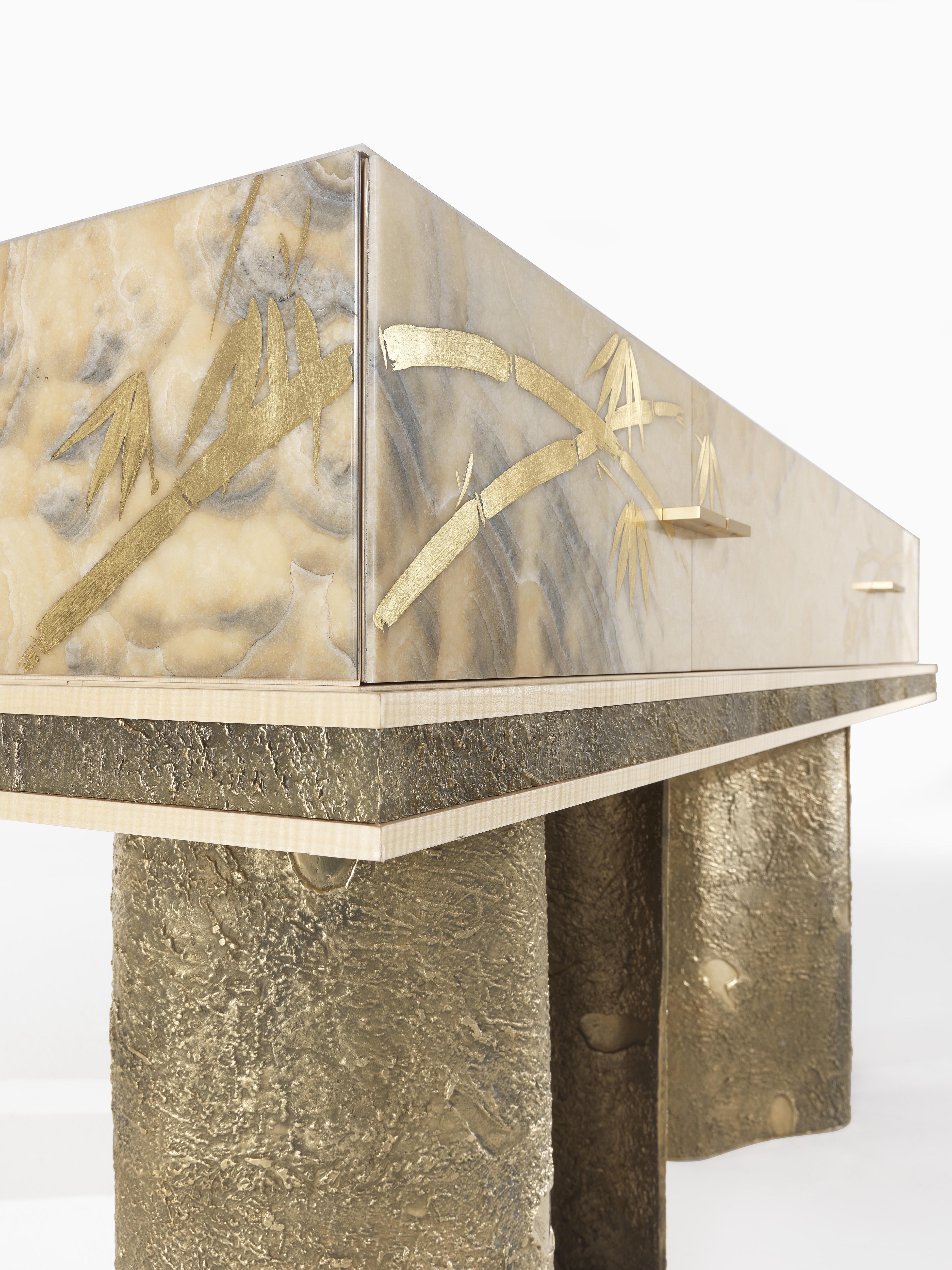 Contemporary 21st Century Shinto Console with Sculptural Bases in Lost-wax Cast Brass  For Sale