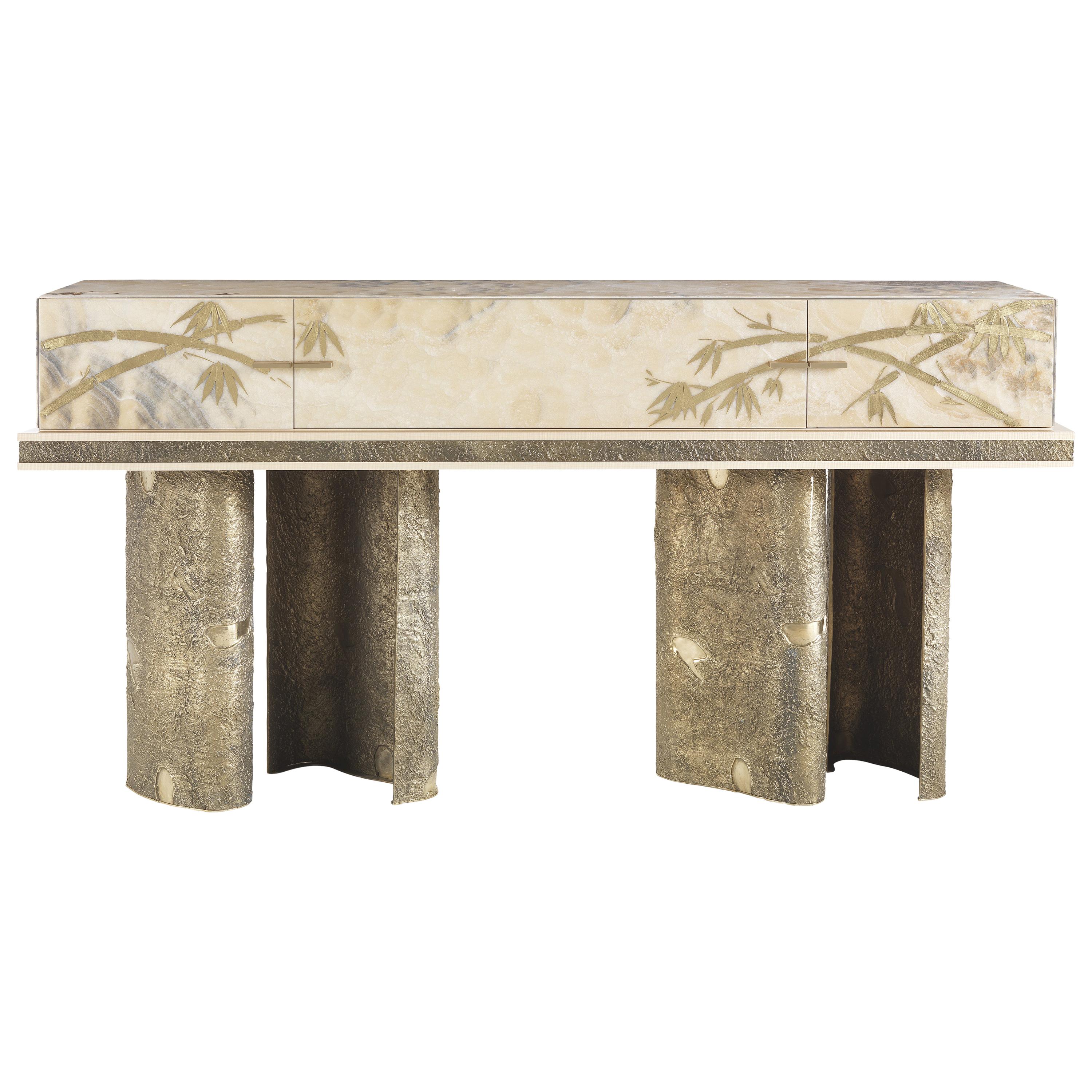21st Century Shinto Console with Sculptural Bases in Lost-wax Cast Brass 