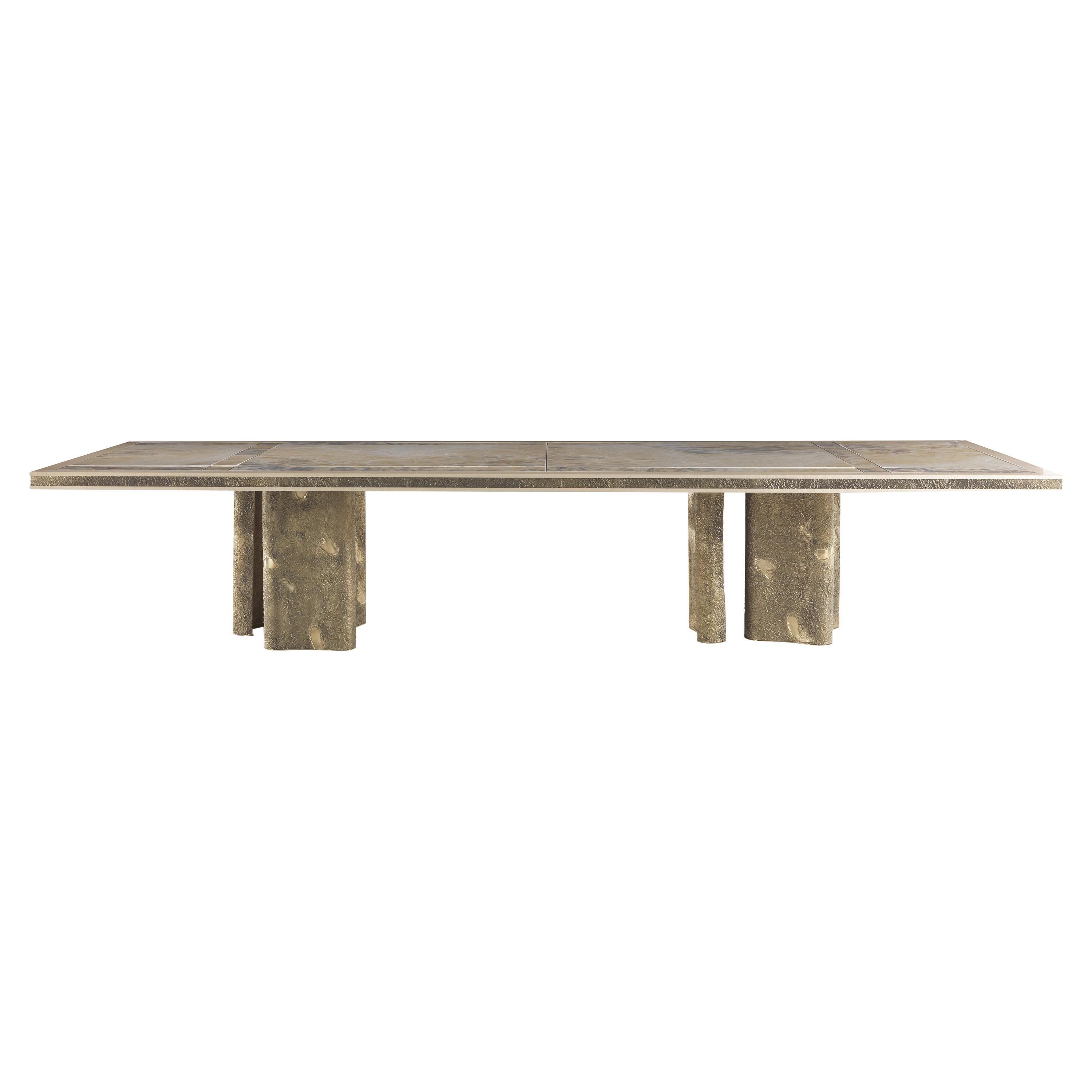 21st Century Shinto Dining Table in Lost-wax Cast Brass and Cloudy Onyx Top For Sale
