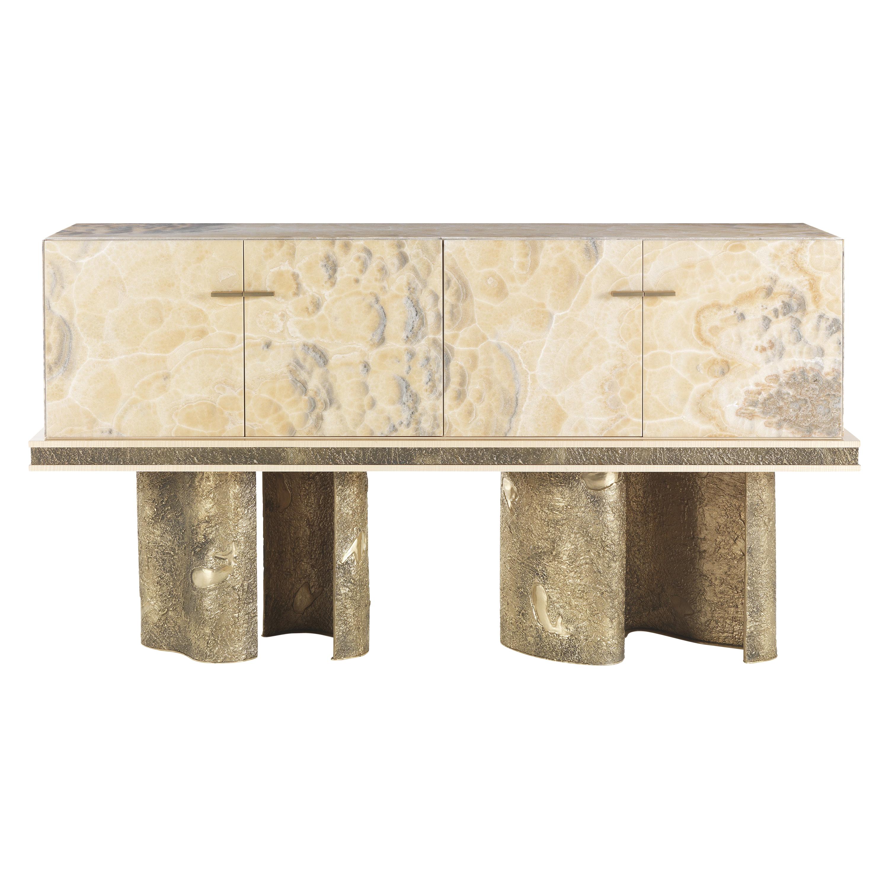 21st Century Shinto Bar Cabinet with Sculptural Bases in Lost-wax Cast Brass 