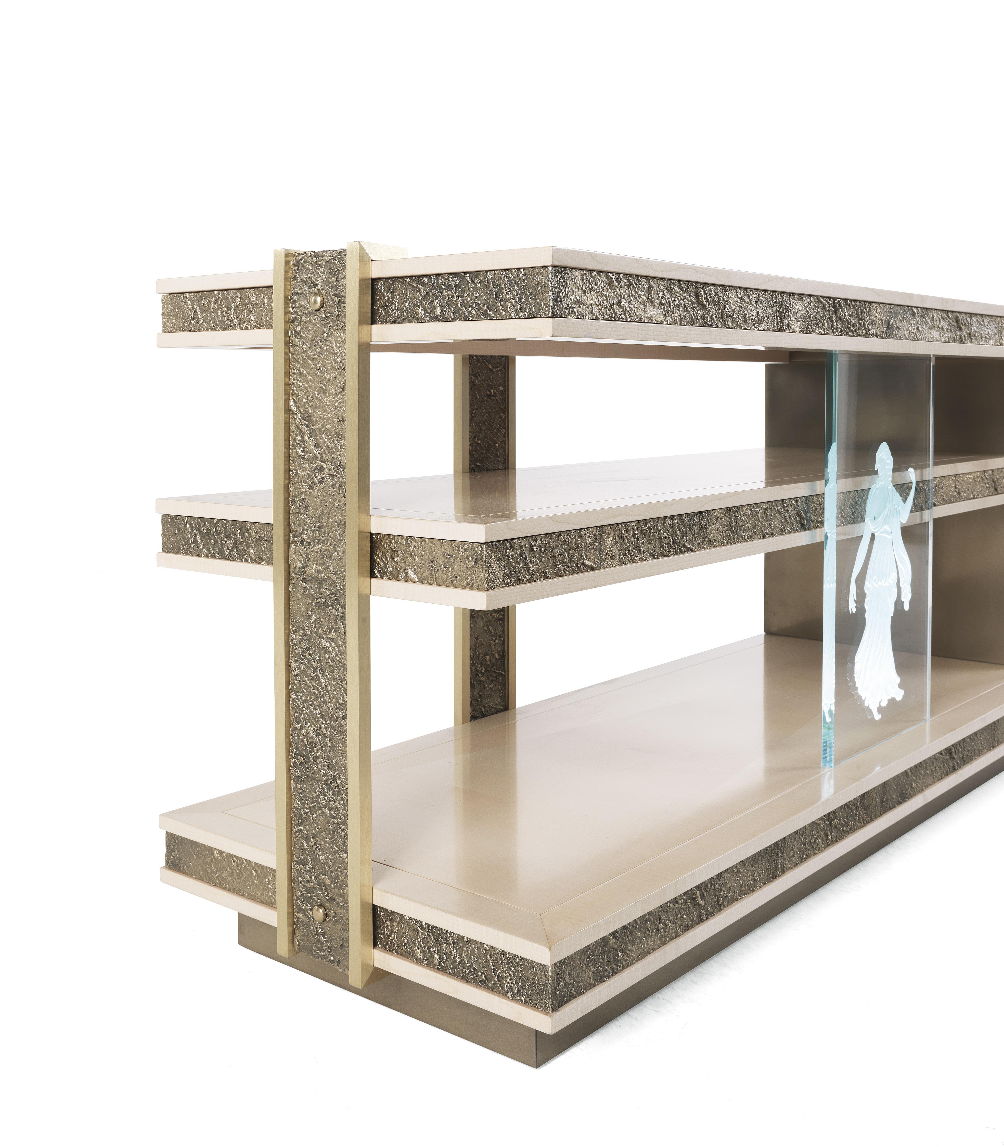 Italian 21st Century Shinto TV Unit in Wood, Inserts in Cast Brass and Marble Top For Sale