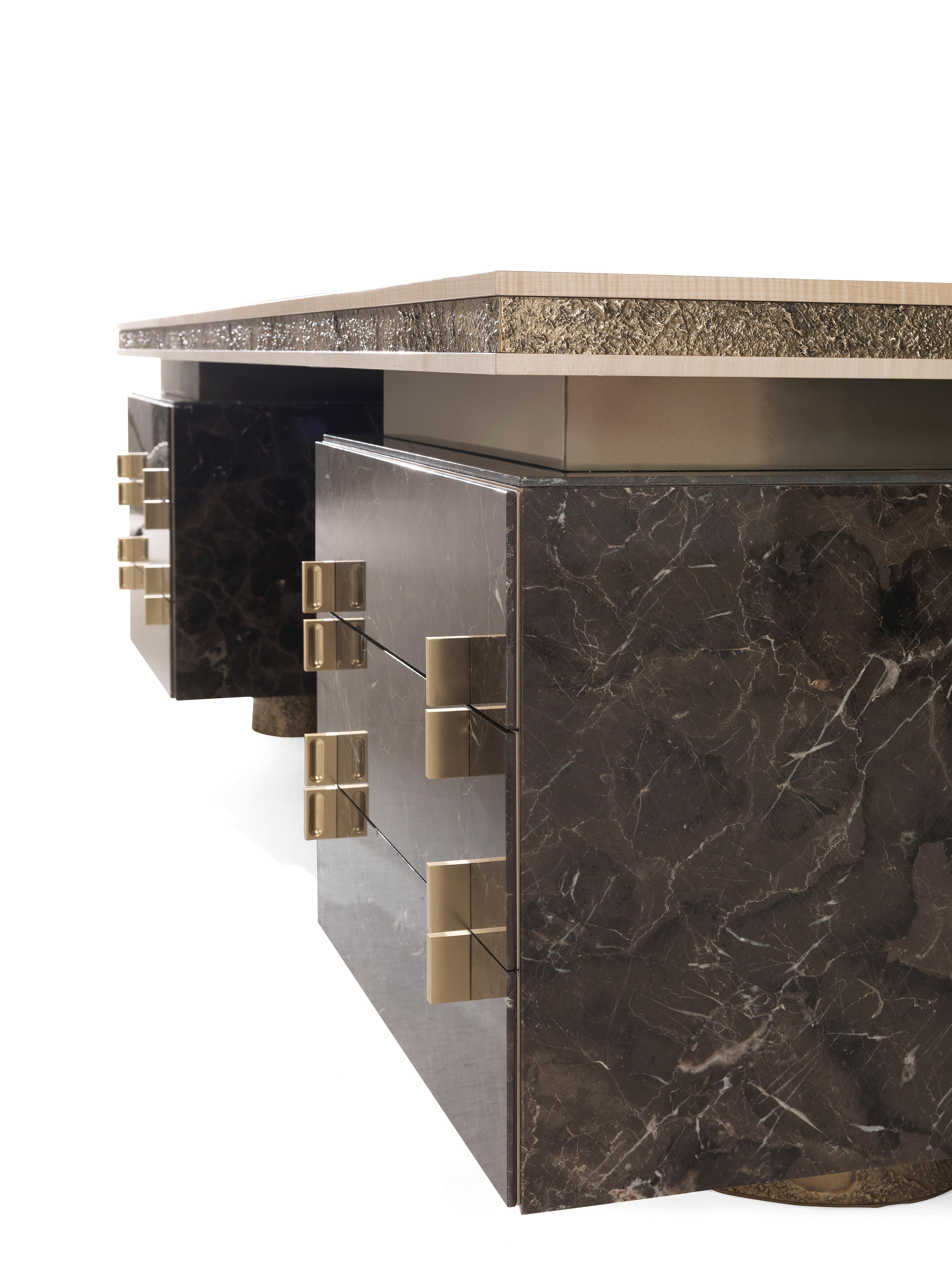 Italian 21st Century Shinto Writing Desk with Sculptural Bases in Lost-wax Cast Brass For Sale