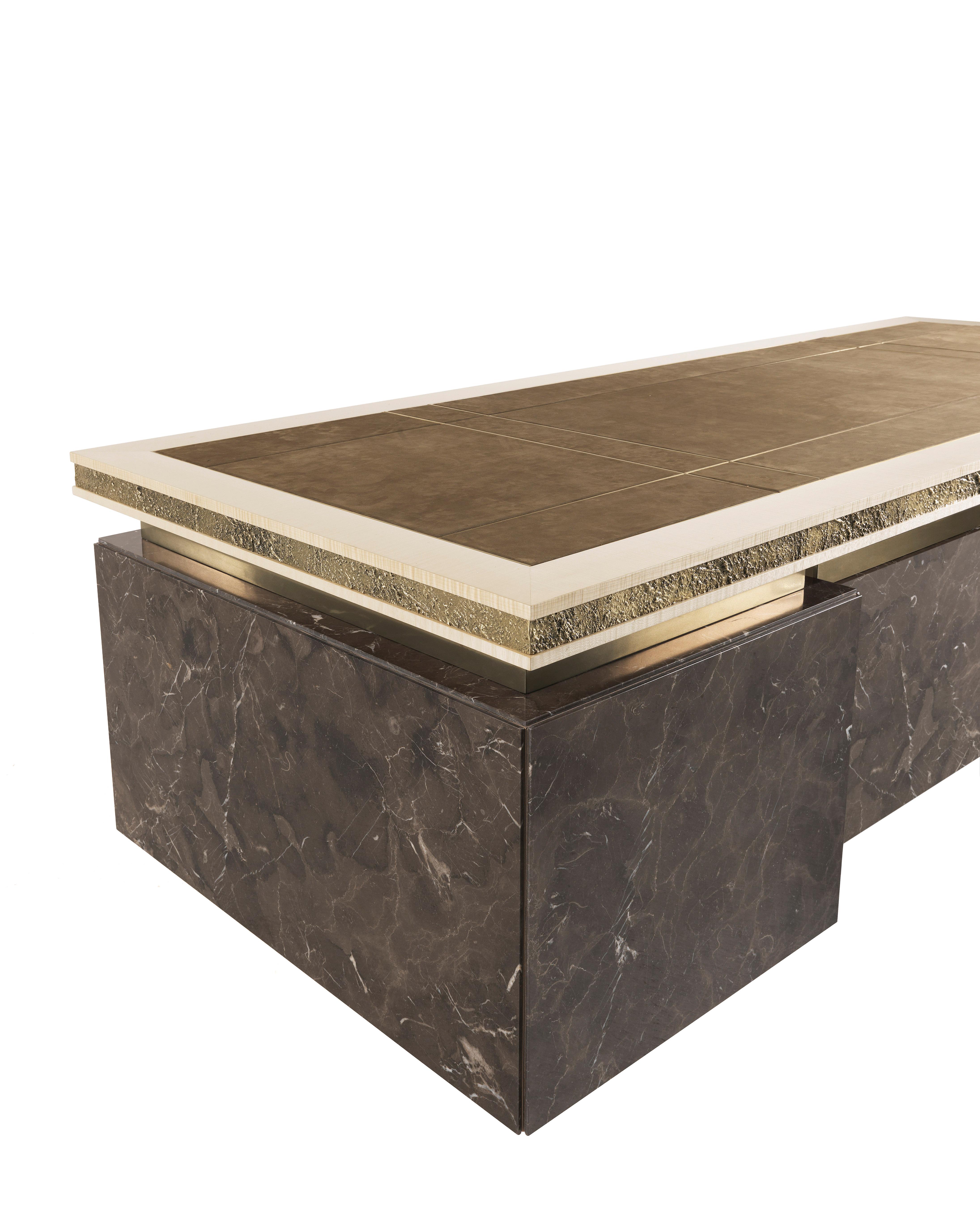 Contemporary 21st Century Shinto Writing Desk with Sculptural Bases in Lost-wax Cast Brass For Sale