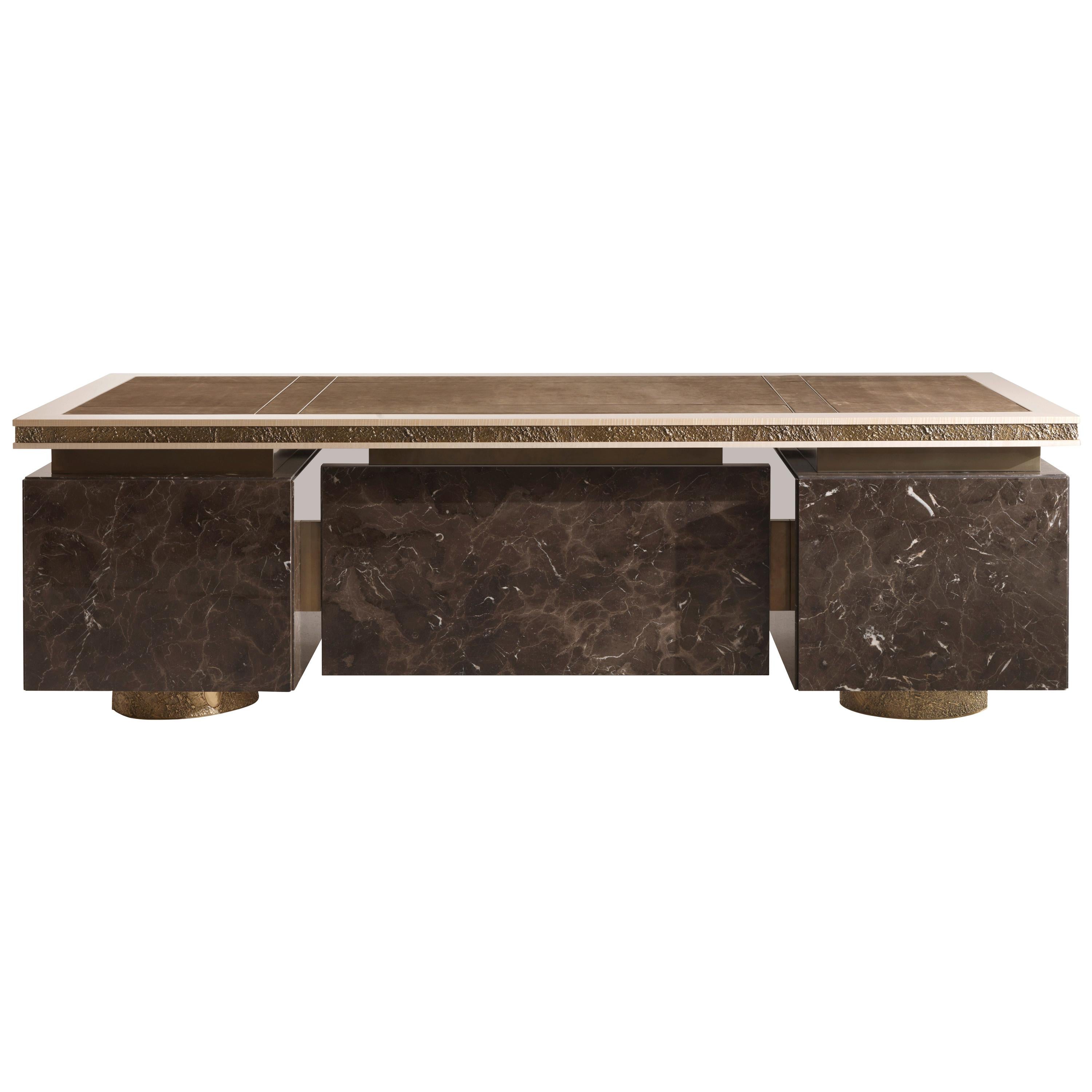 21st Century Shinto Writing Desk with Sculptural Bases in Lost-wax Cast Brass For Sale