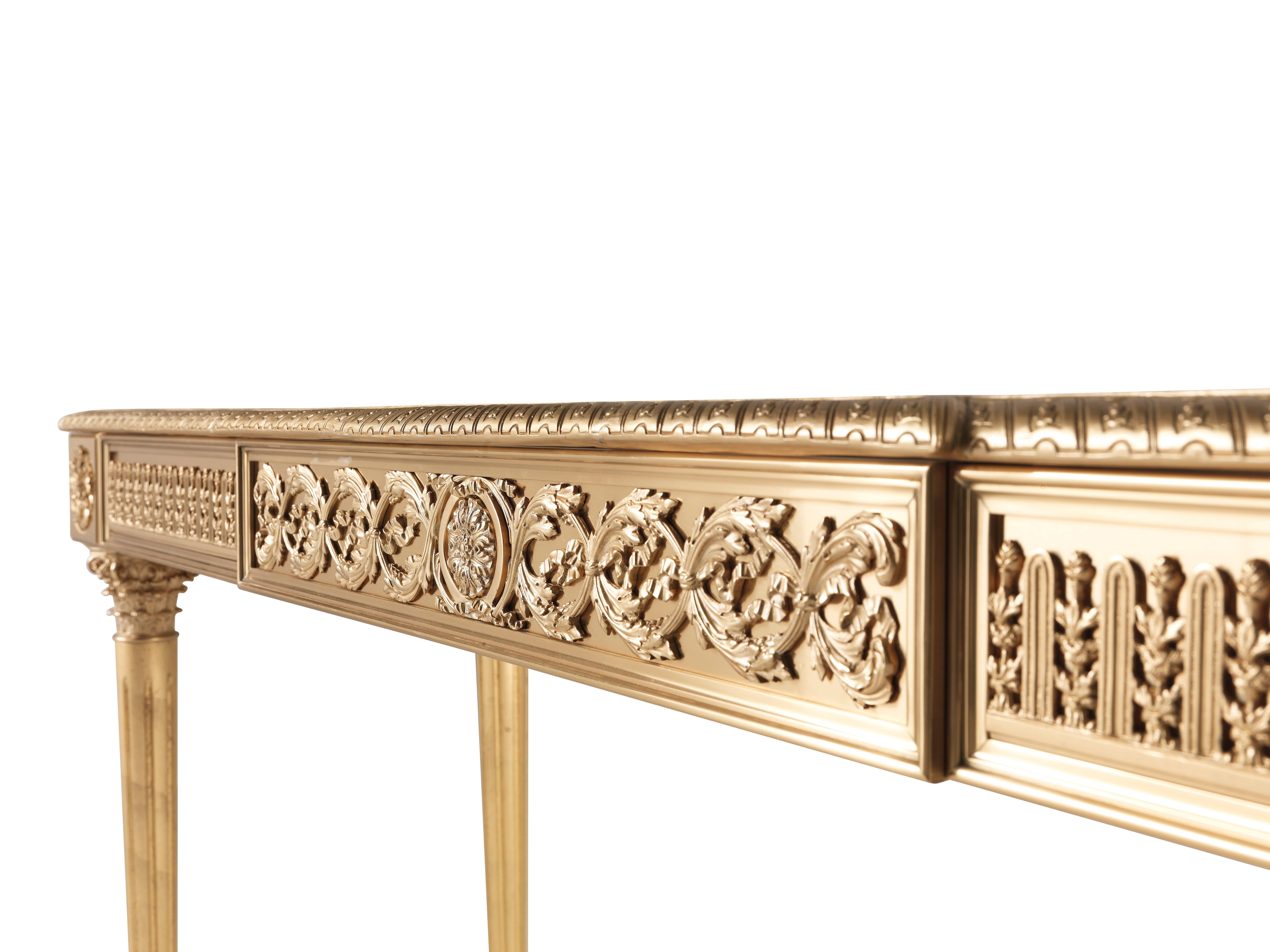 Louis XVI 21st Century Shogun Console in Brass with Top in White Namibia Rhino Marble For Sale