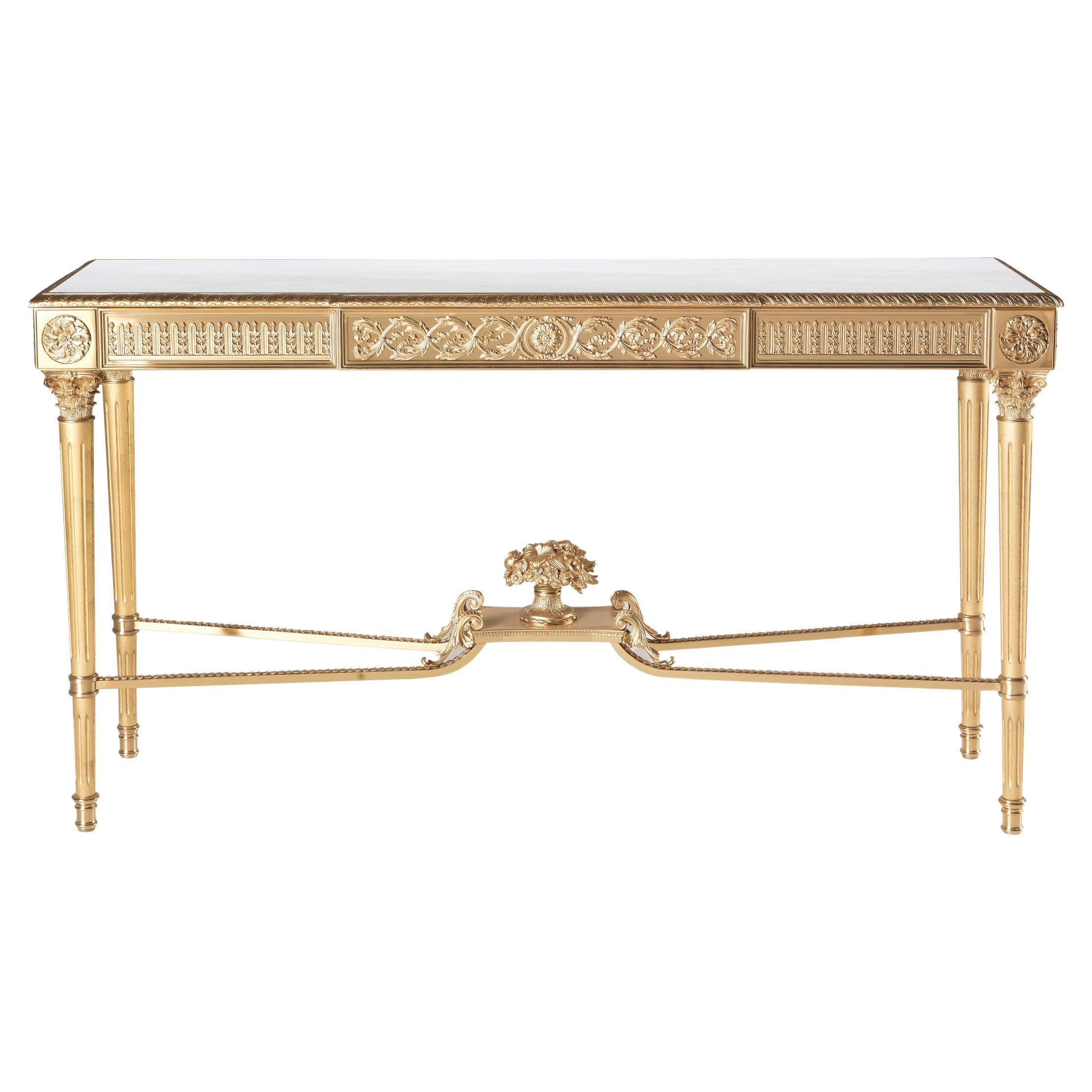 21st Century Shogun Console in Brass with Top in White Namibia Rhino Marble For Sale