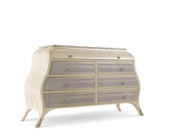 21st Century Madeleine Chest of Drawers in Wood and Leather with Cloudy Onyx Top