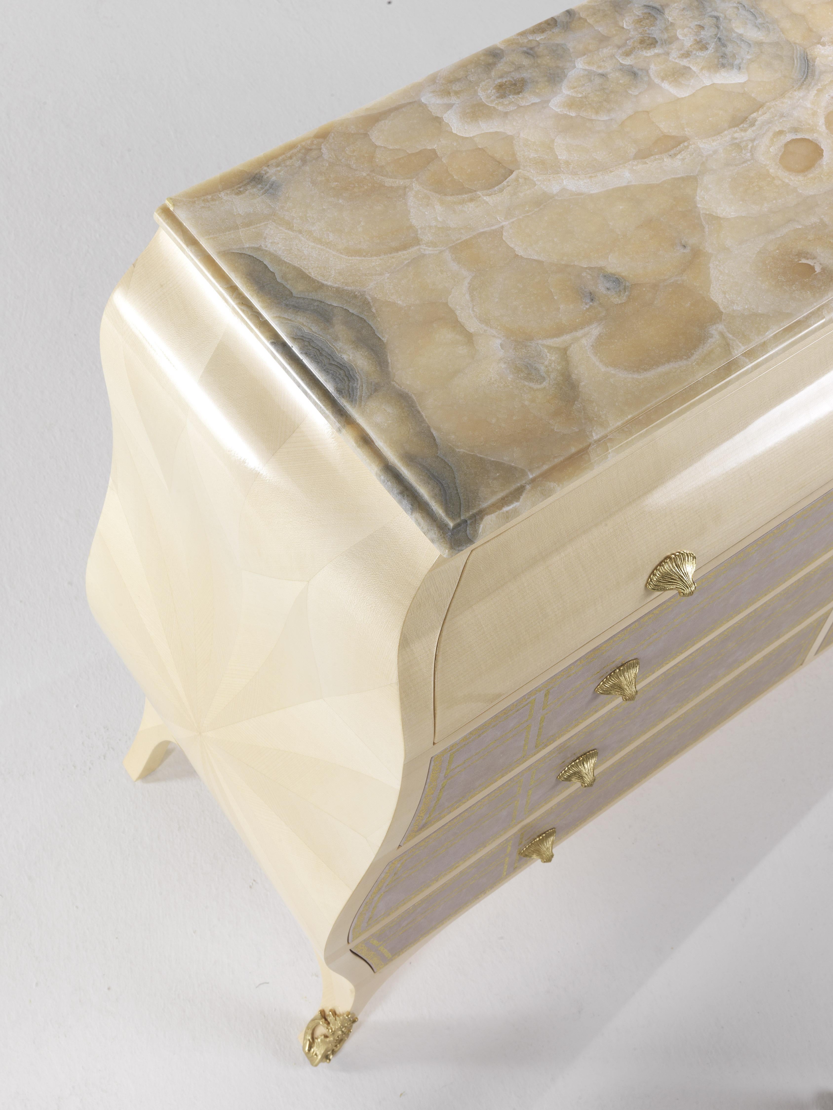 Veneer 21st Century Madeleine Chest of Drawers in Wood and Leather with Cloudy Onyx Top For Sale