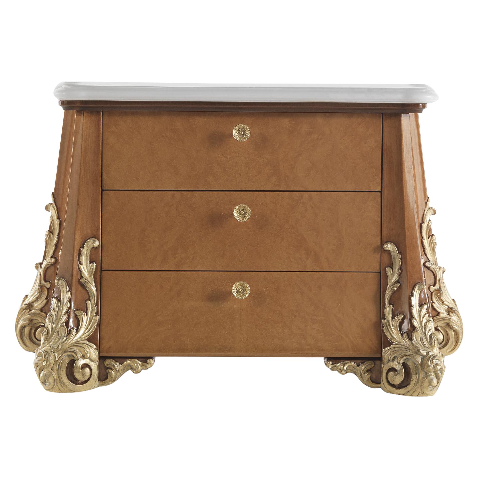 21st Century Sophie Night table in Wood and Marble Top with Hand-carved Details