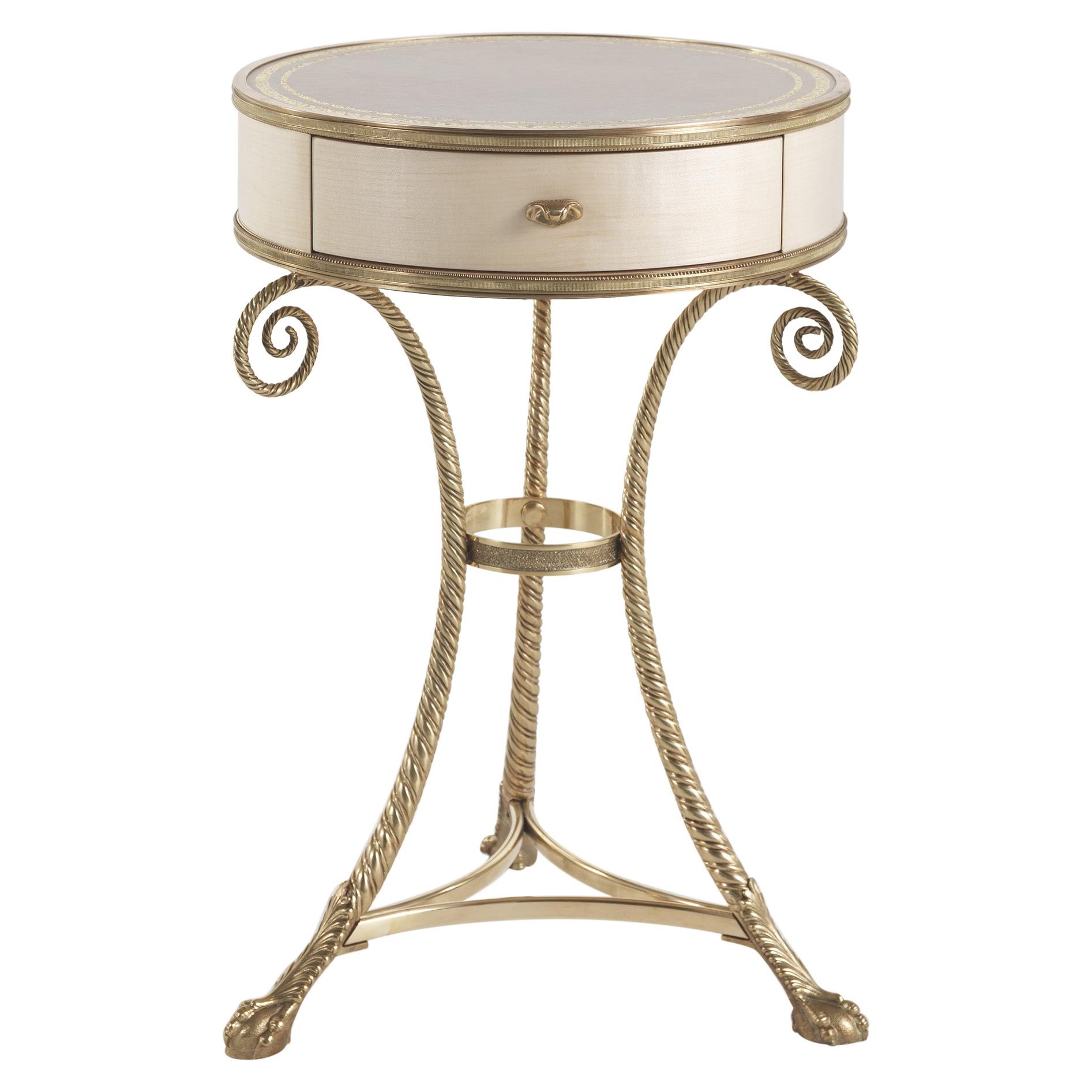 21st Century Torchon Night Table with Base in Brass and Leather Top For Sale