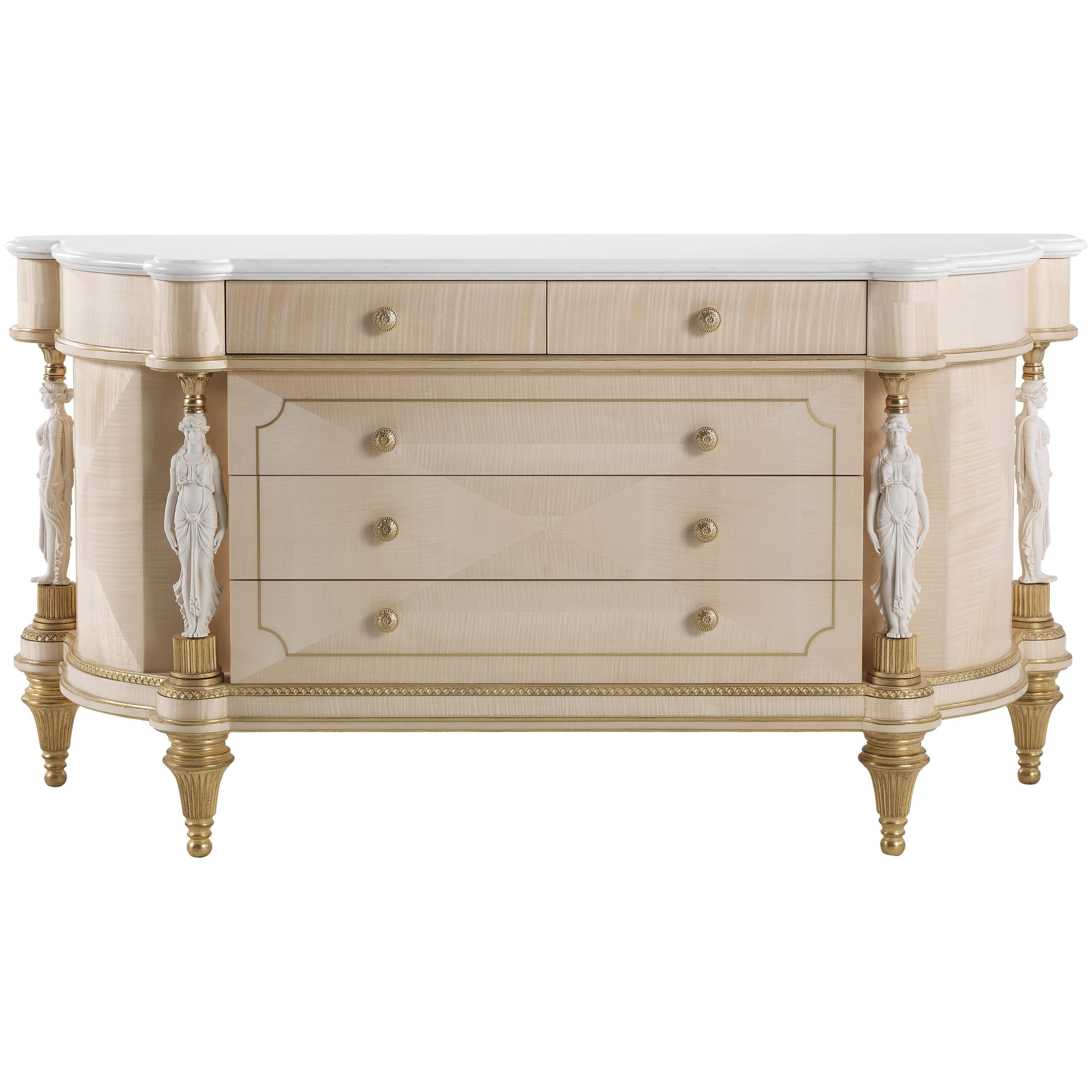 21st Century Toulouse Chest of Drawers in Wood and White Statuario Marble Top