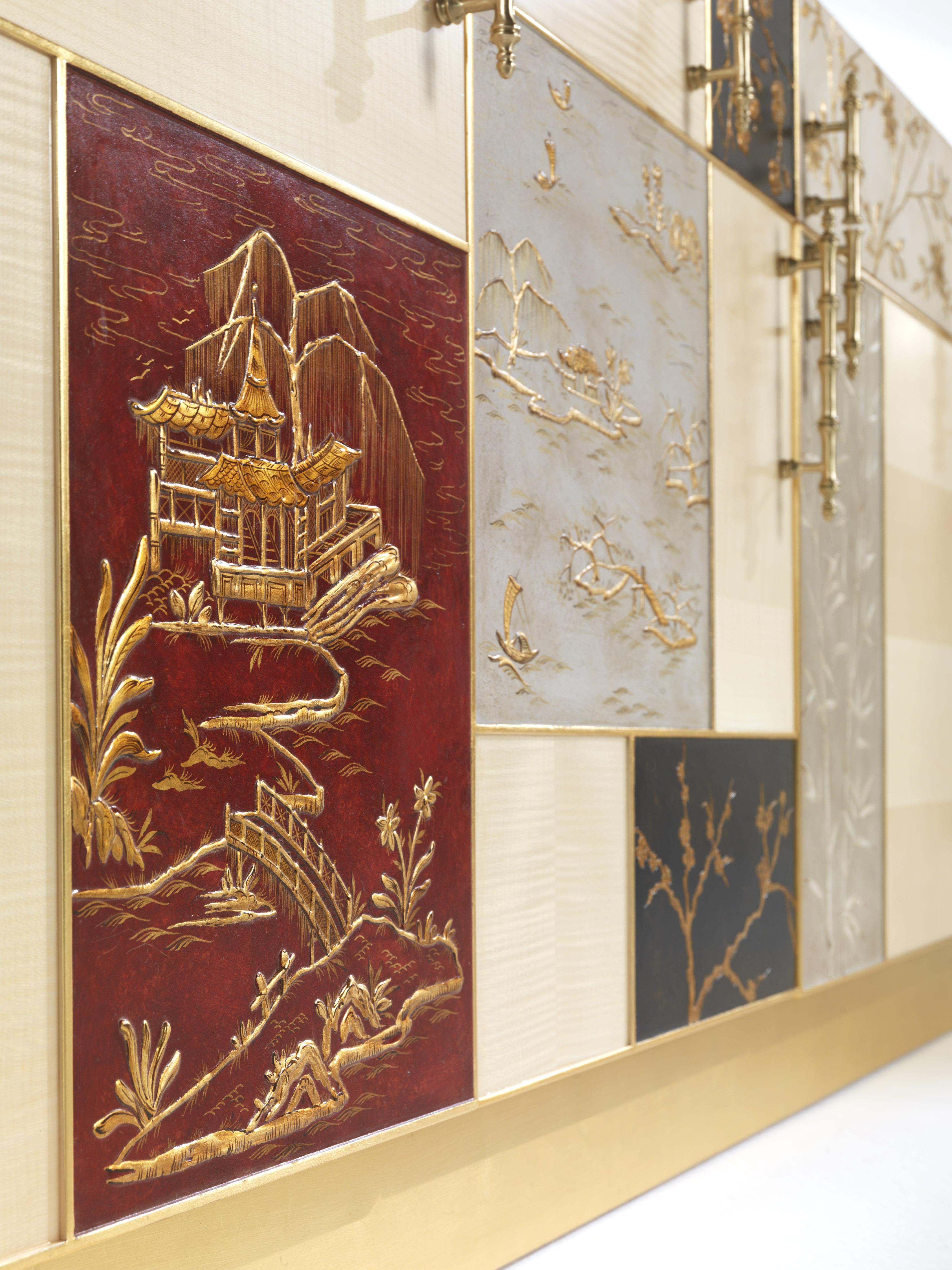 Érable Enfilade Ukiyo du 21e siècle en érable et panneaux décorés en plâtre en relief en vente