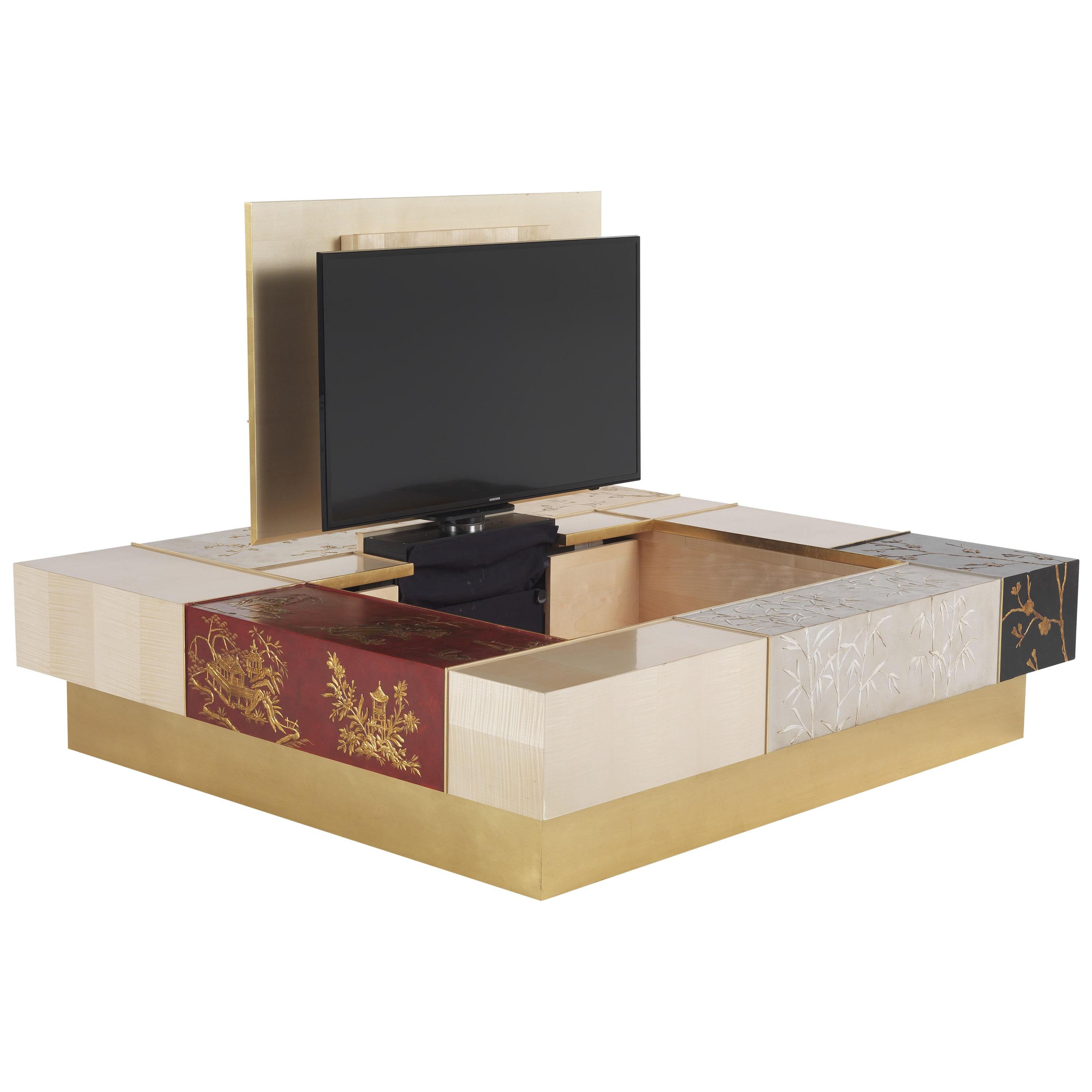 21st Century Ukiyo Central Table in Wood with TV Lift Mechanism  For Sale