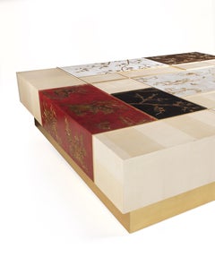 21st Century Ukiyo Center Table in Wood with Panels Decorated in Relief Plaster