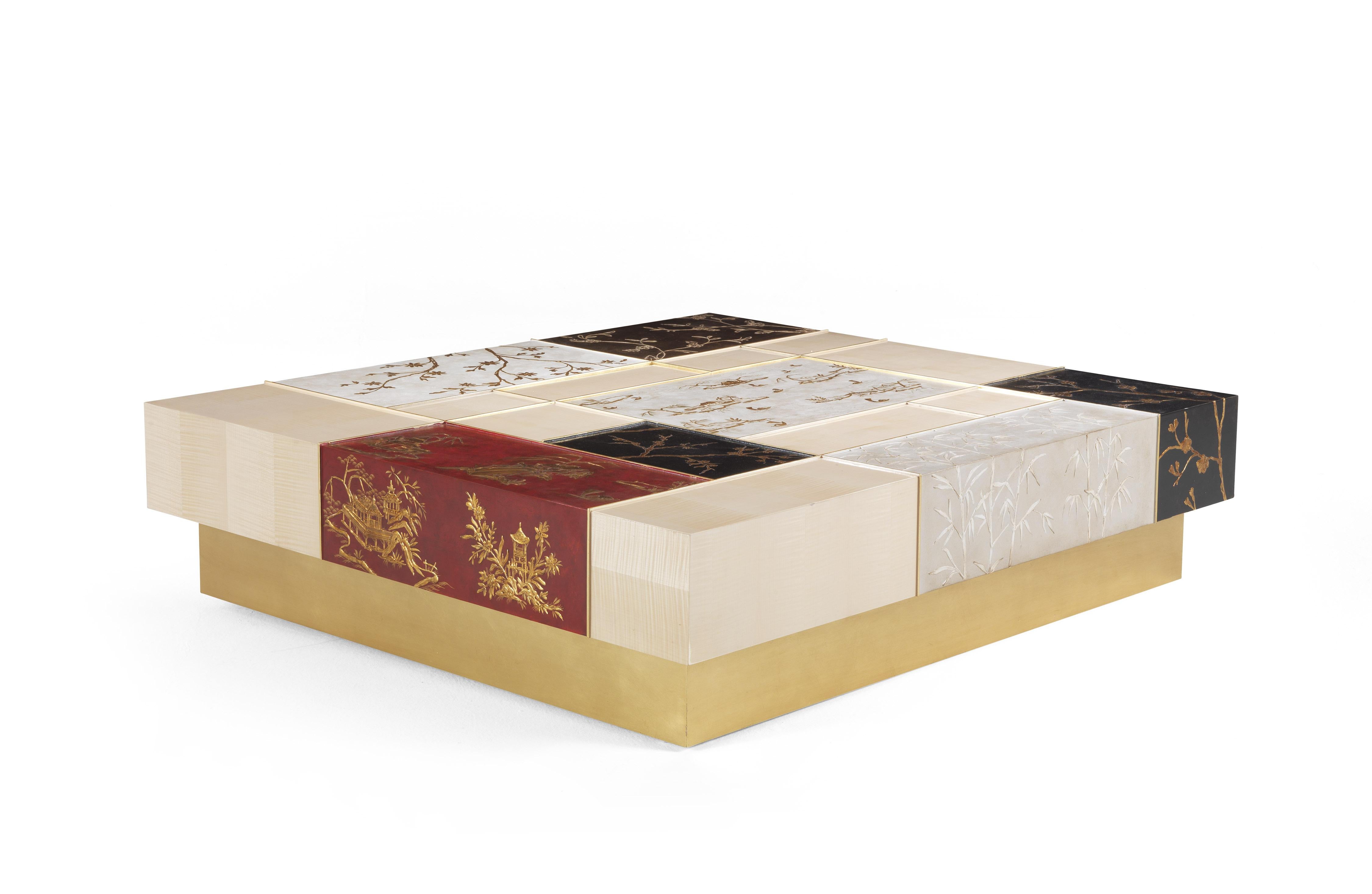 21st Century Ukiyo Center Table in Wood with Panels Decorated in Relief Plaster For Sale 1