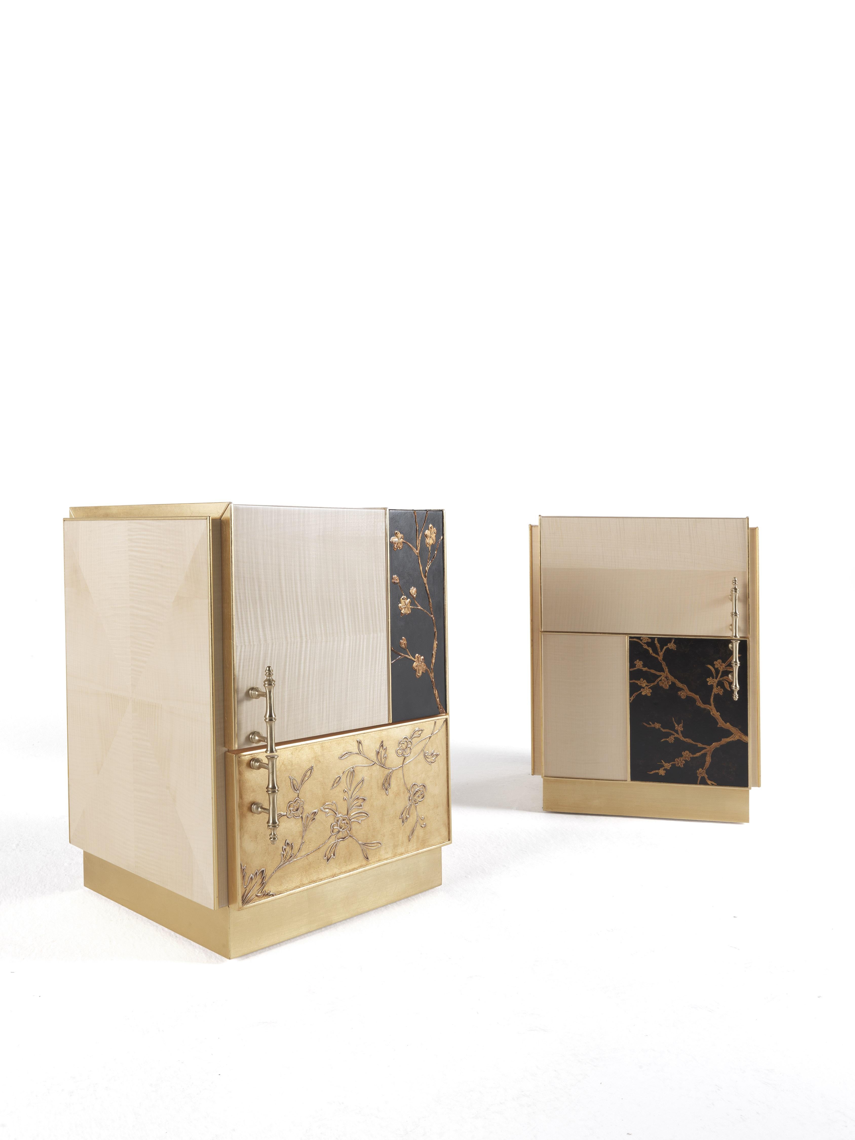Italian 21st Century Ukiyo Side Table in Wood with Panels Decorated in Relief Plaster For Sale