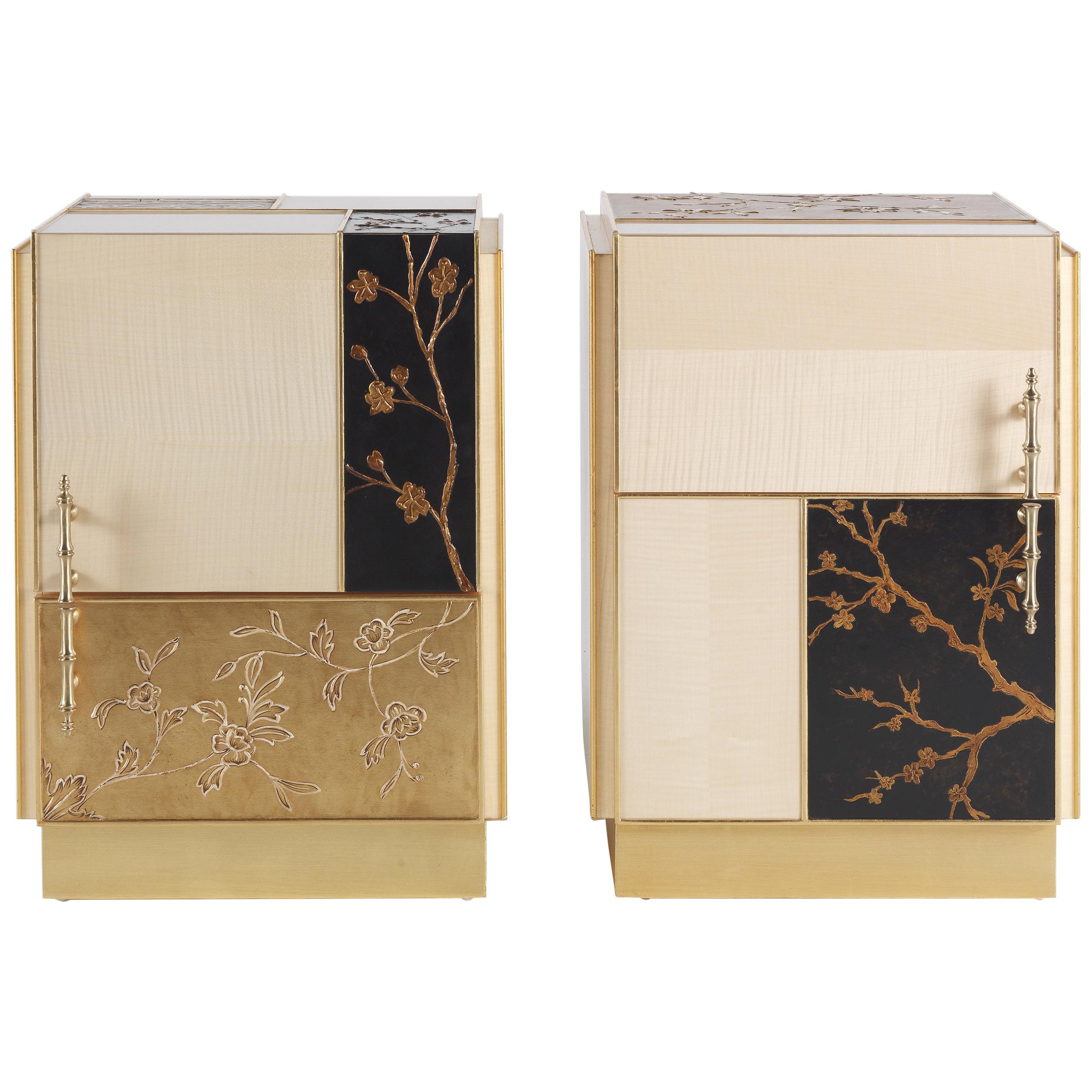 21st Century Ukiyo Side Table in Wood with Panels Decorated in Relief Plaster