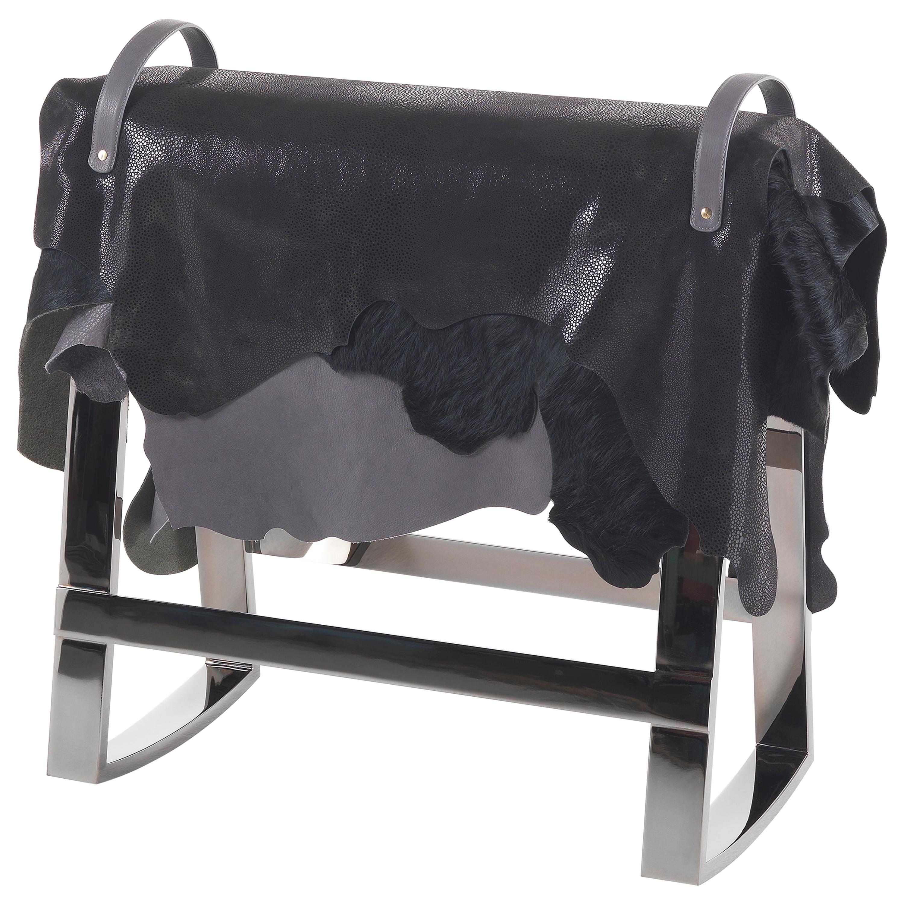 Im Angebot: Agaxa-Hocker aus Metall und Leder in Lagen des 21. Jahrhunderts von CTRLZAK, Black (Black and Grey Leather on Black Chrome Structure)