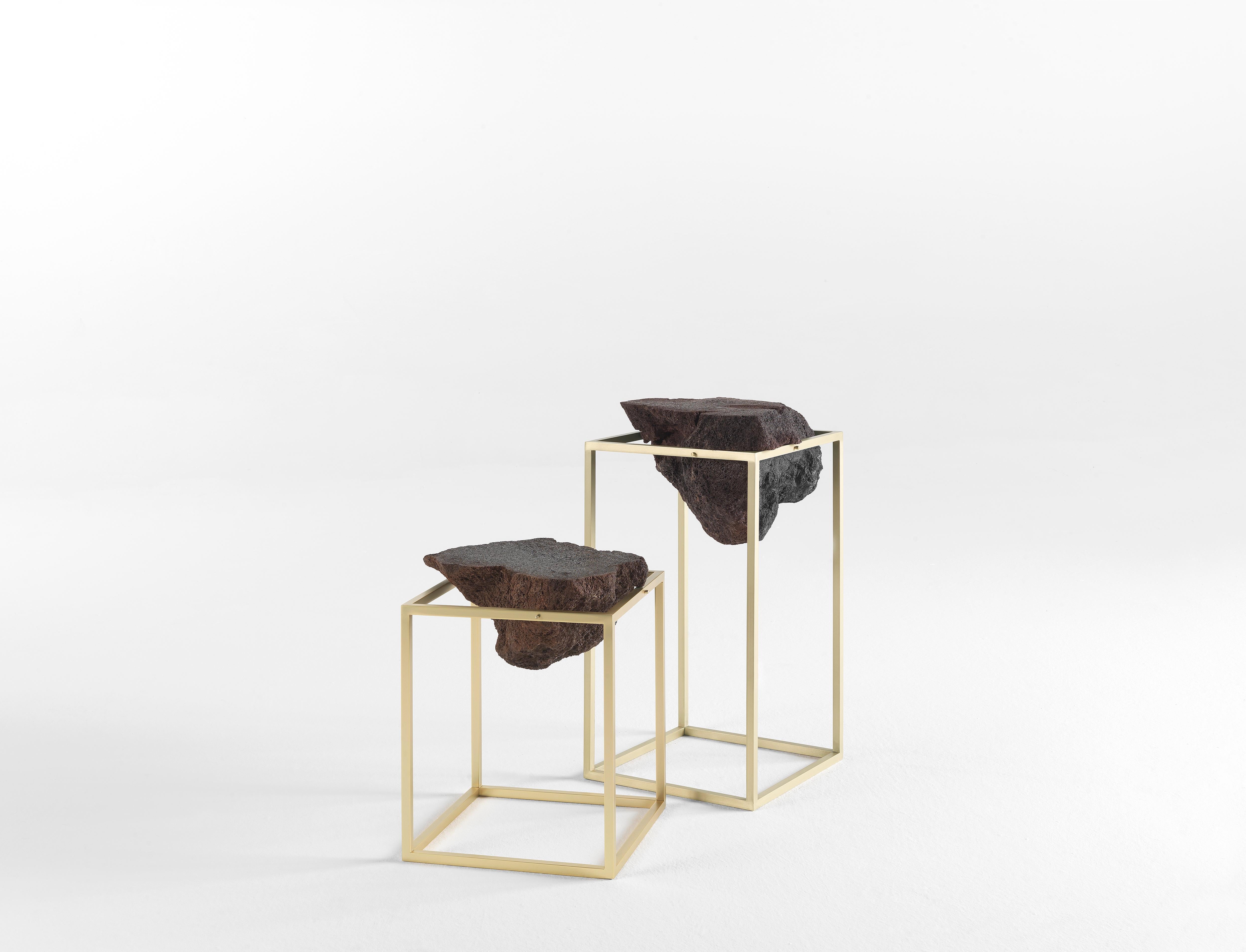 Metal 21st Century Antivol Small Side Table in Brass and Natural Lava Stone by CTRLZAK For Sale