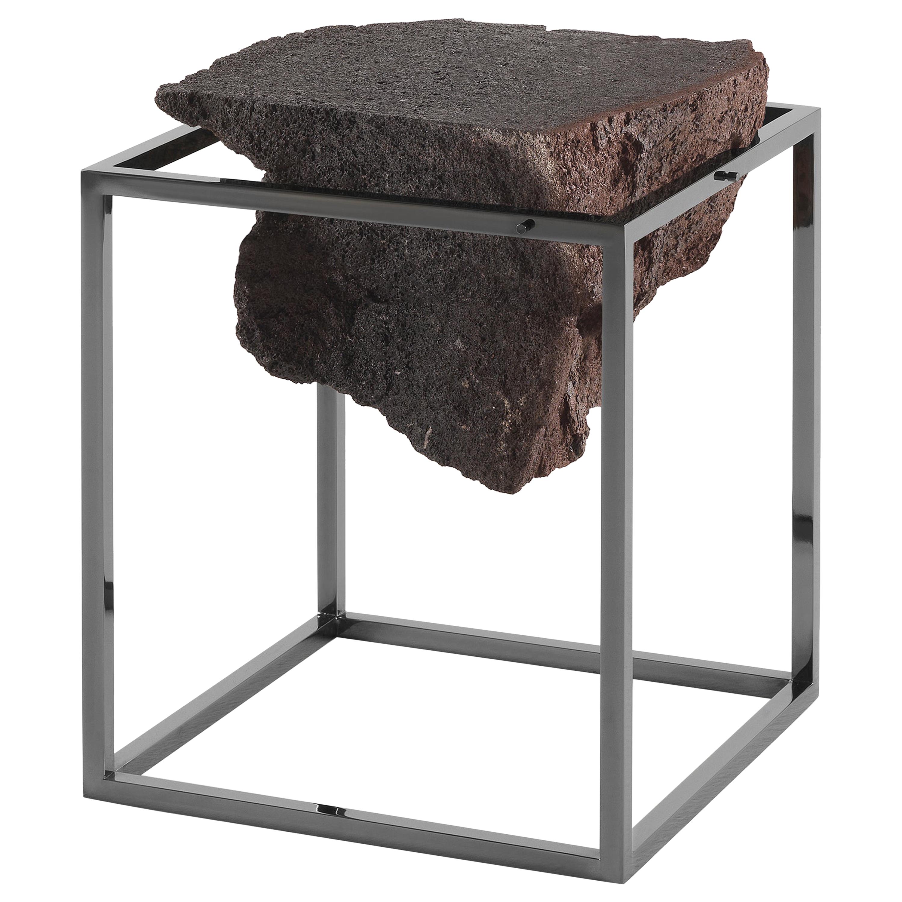 For Sale: Black (Chrome Black) 21st Century Antivol Small Side Table in Brass and Natural Lava Stone by CTRLZAK