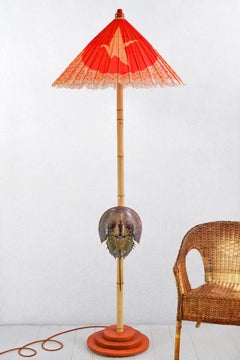 Jumbo Horseshoe Crab Lamp with Antique Parasol Shade by Christopher Tennant