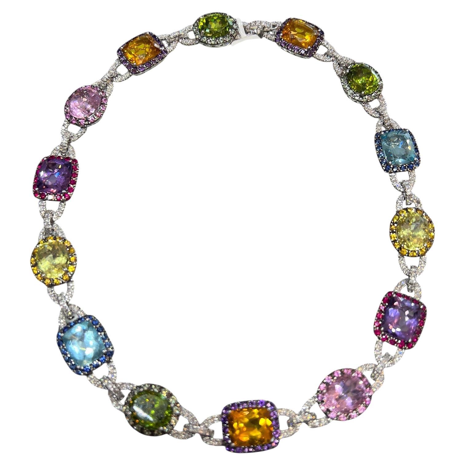 Collier Jumbo en or blanc 14K avec topazes multicolores et saphirs arc-en-ciel et diamants