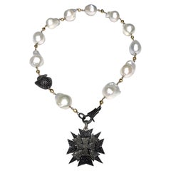 Jumbo White Baroque Pearl Necklace with Removable Diamond Cross Pendant