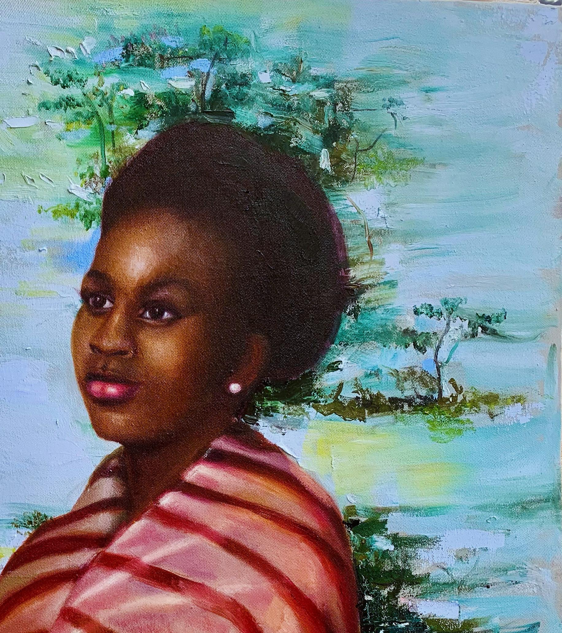Speranza - 21° secolo, Contemporaneo, Ritratto figurativo, Olio, Arte femminile - Figurative Painting Blu di Jumoke Oyetunde