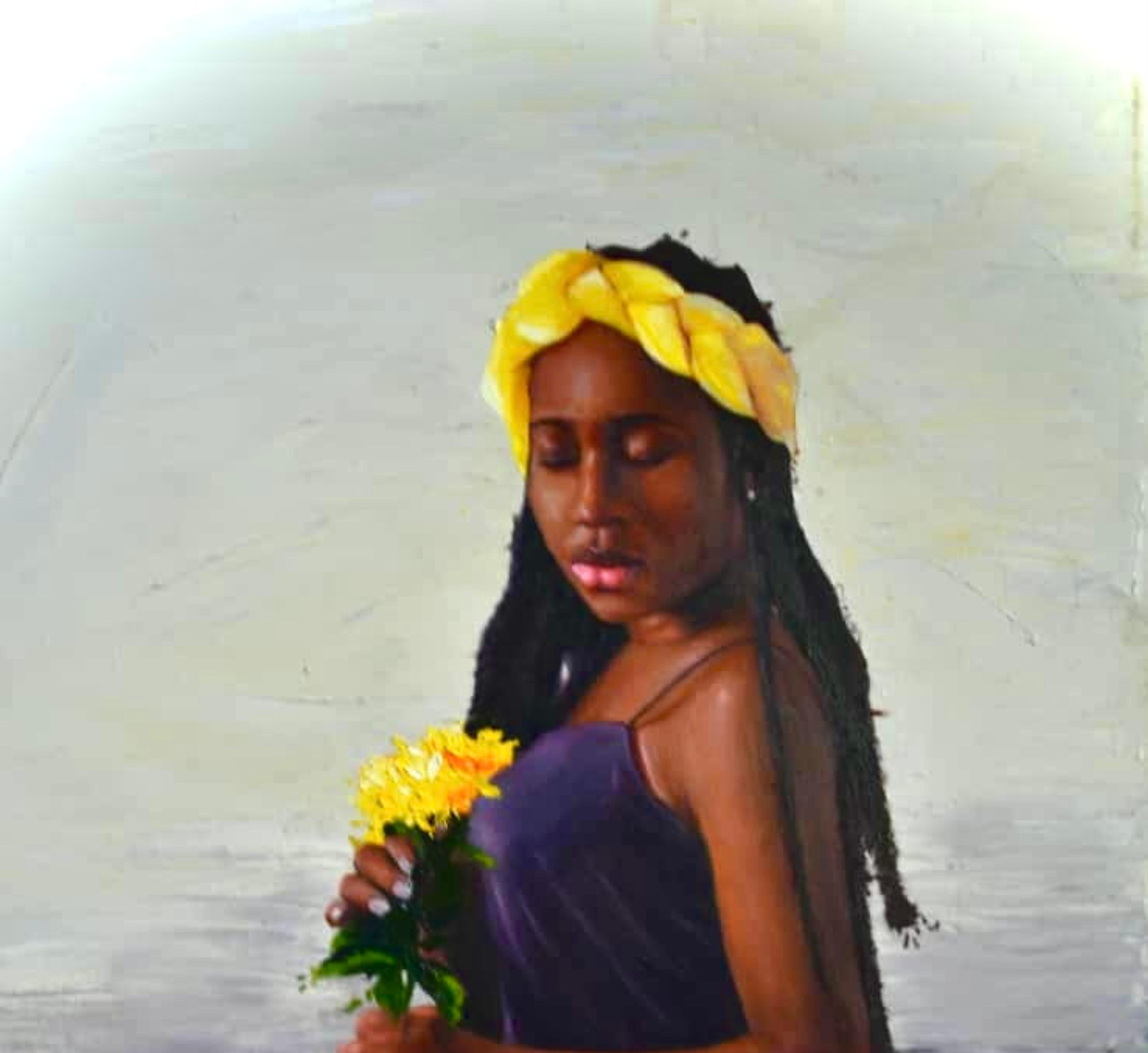 In My World- 21st Century, Contemporary, Figurative Portrait, Oil, Women, Floral - Painting by Jumoke Oyetunde