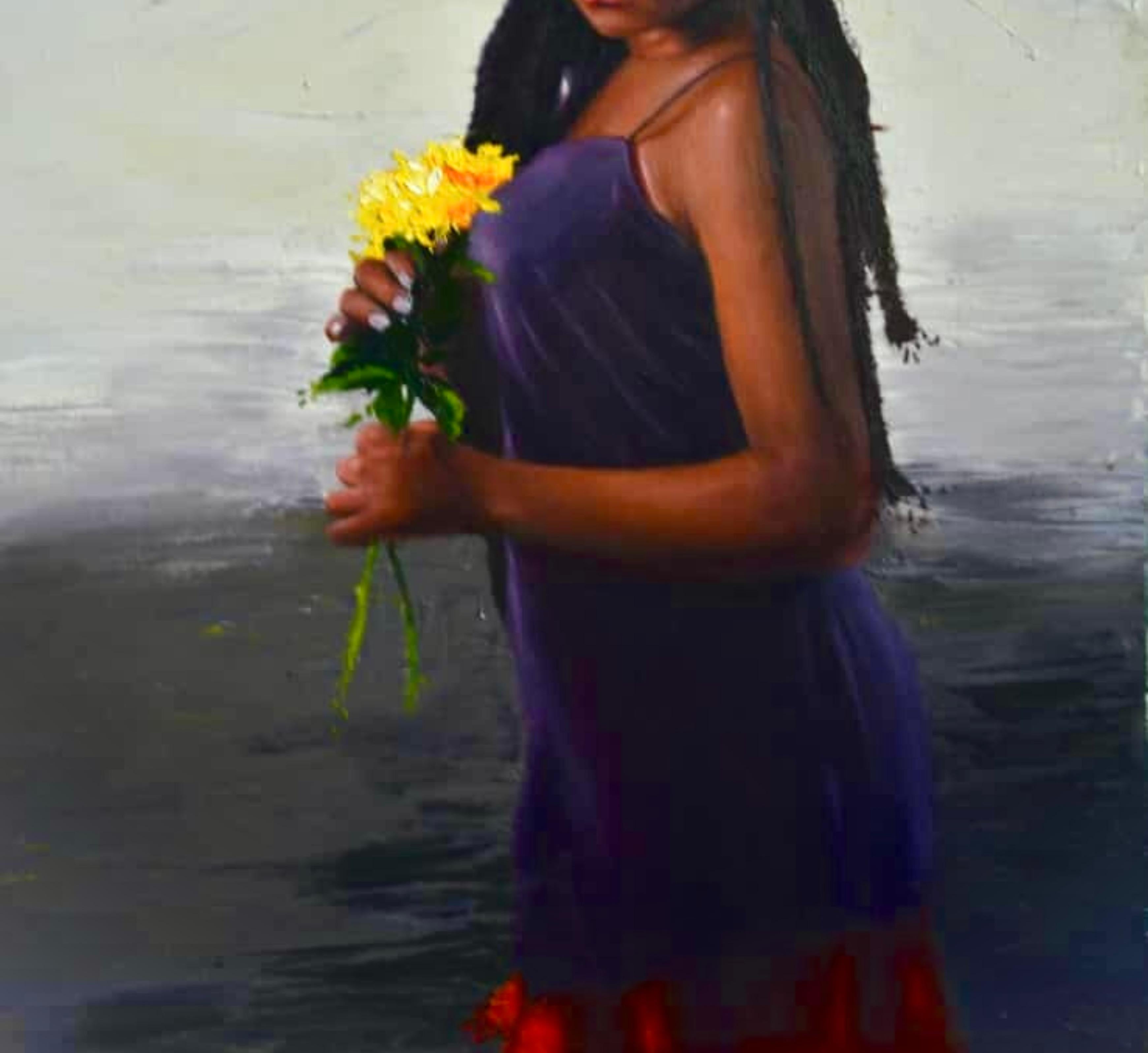In My World- 21st Century, Contemporary, Figurative Portrait, Oil, Women, Floral - Gray Figurative Painting by Jumoke Oyetunde
