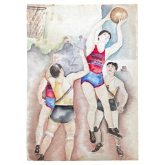 "Jump Shot", Important Art Deco Painting by William L'Engle of Basketball Scene