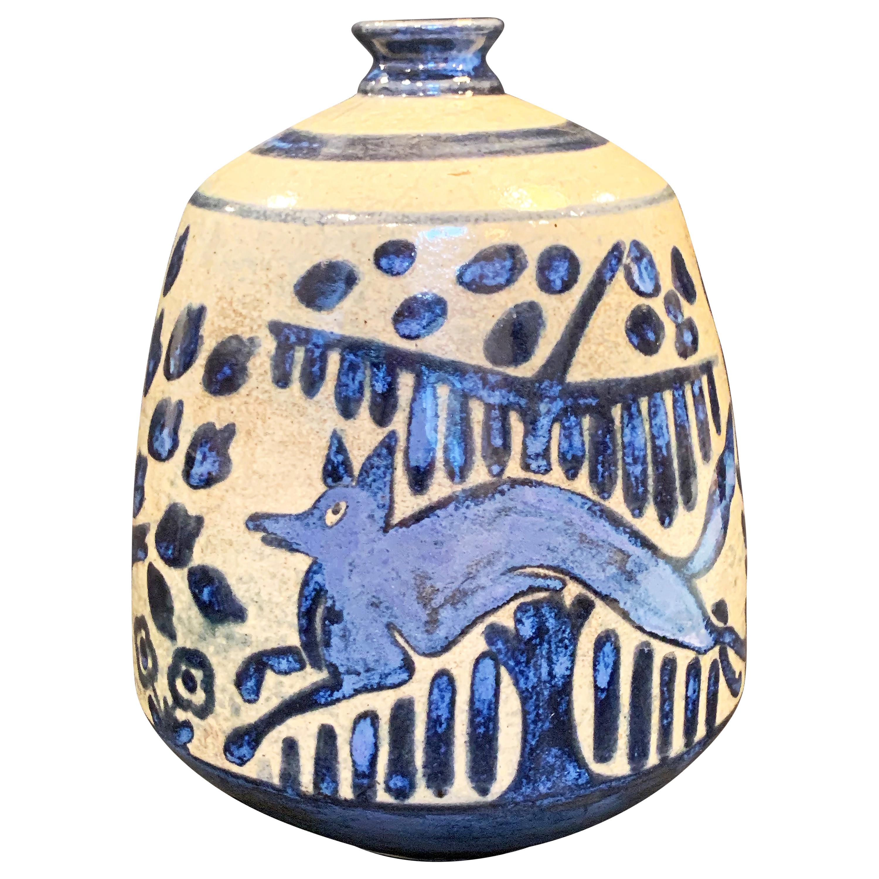 "Jumping Fox, " Gorgeous Art Deco Vase by Primavera with Iridescent Blue Glaze