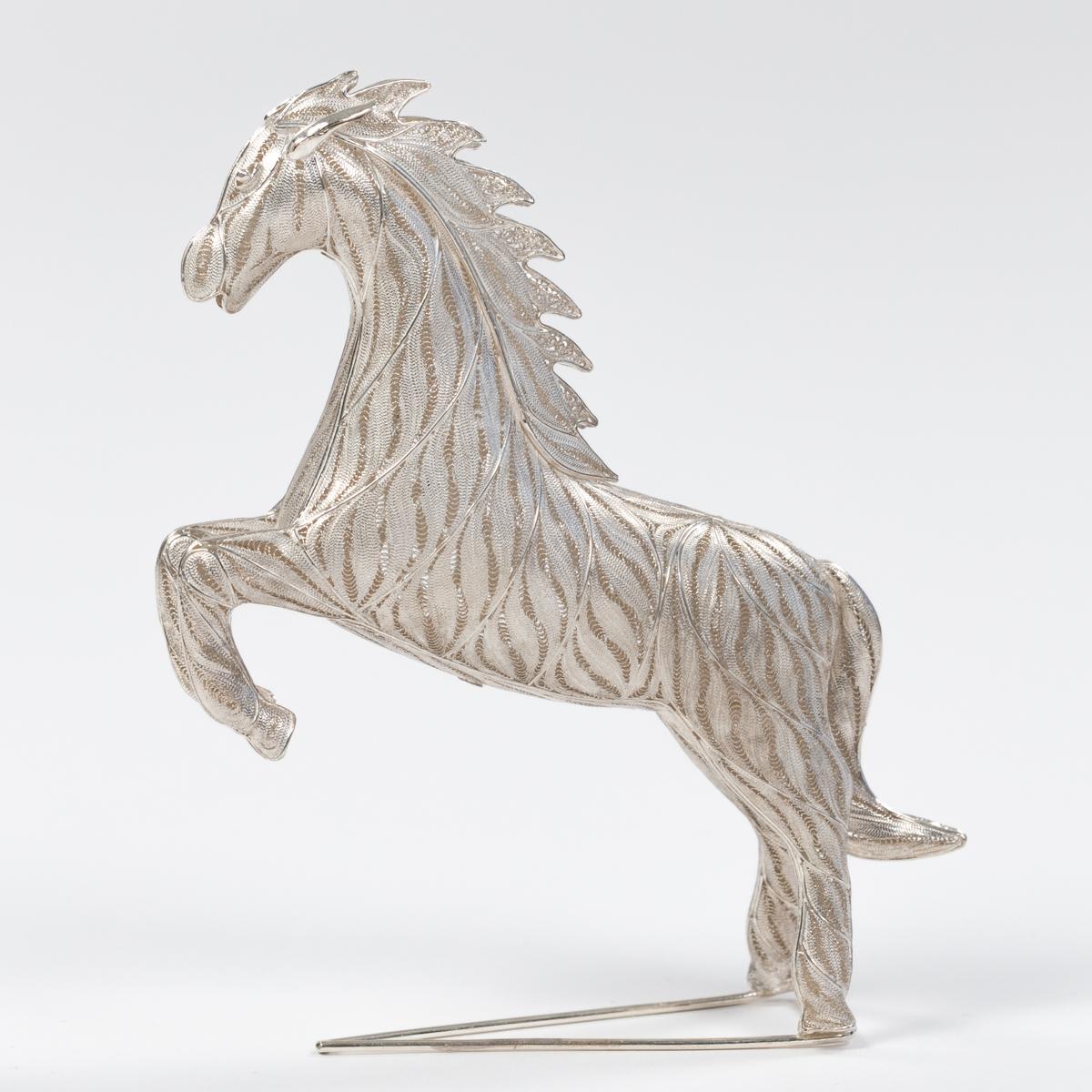 Contemporary Jumping Horse Sculpture 925 Silver Handcrafted Filigree Technique Germany 2005 For Sale