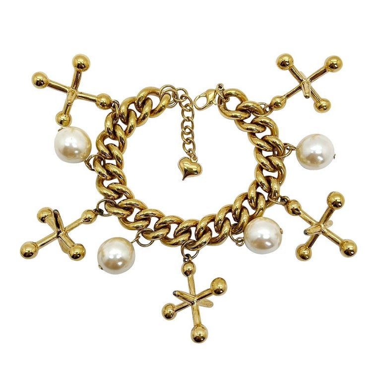 Jumping Jacks and Pearl Chunky Charm Bracelet 2000s For Sale at 1stDibs