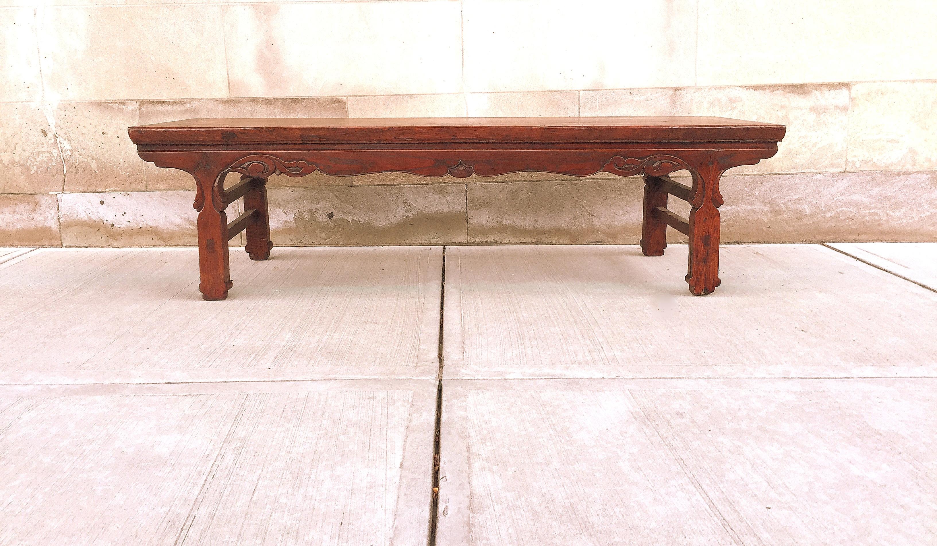Jumu wood antiques Asian Kang low table, can be use large coffee table or side table or bench seating with relief carving on the aprons.
The table is very sturdy and can be use for seating and coffee table and use other functions.