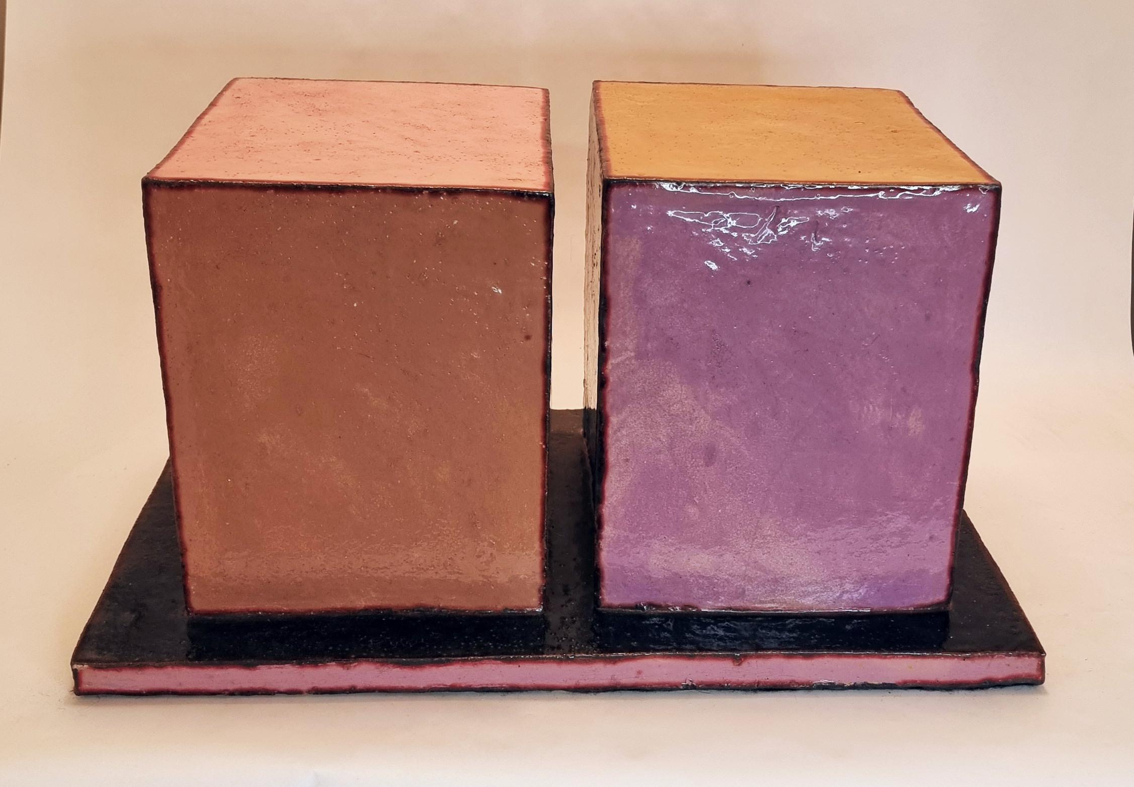 Jun Kaneko Abstract Sculpture - Two Cubes (on Tray)