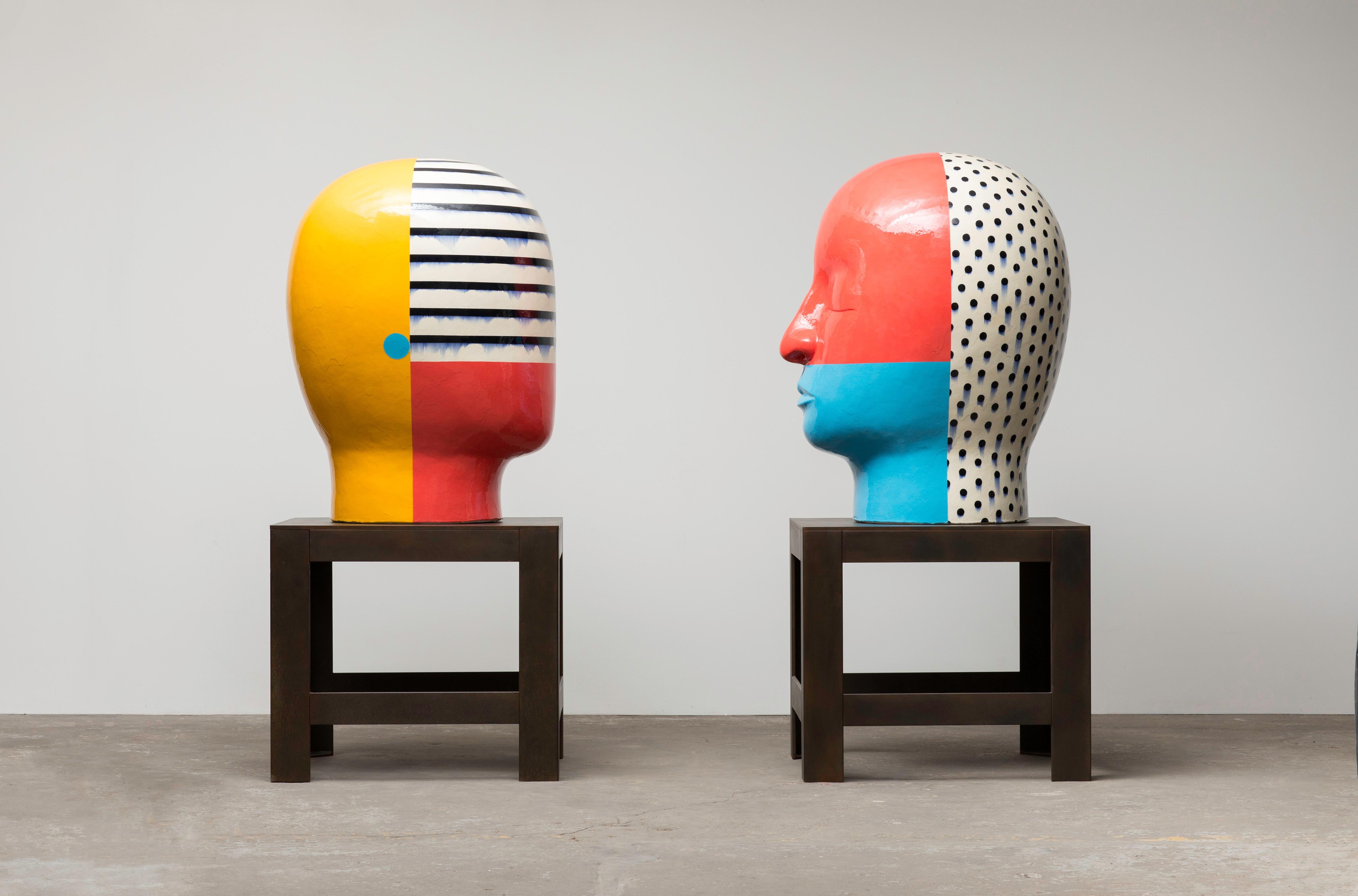 two-part sculpture by Jun Kaneko:  glazed ceramic and stainless steel
80 x 32 3/4 x 37 inches
79 x 32 1/4 x 36 inches


