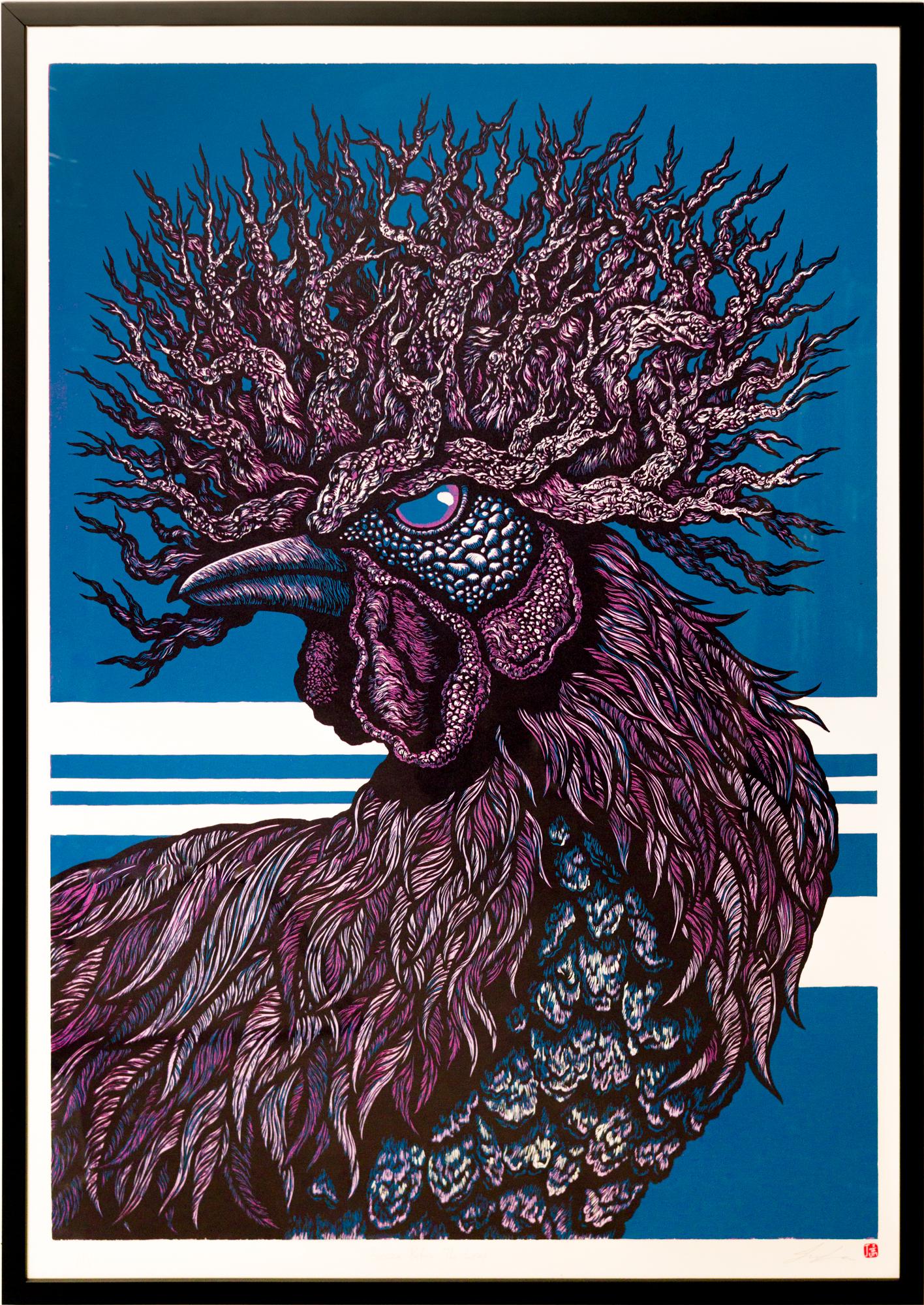 This piece titled "Breeze Before the Leap" is an original print by Jun Lee and is made by reduction woodcut. This piece measures 44.25"h x 31.25"w framed, and is shipped in the pictured black frame.

Jun Lee (Washington, DC) is a printmaker who