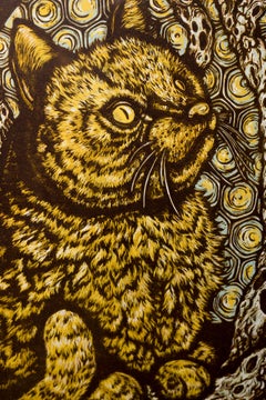 "Watch for the Next Bloom", Still Life, Cat Depiction Patterns, Woodcut Print