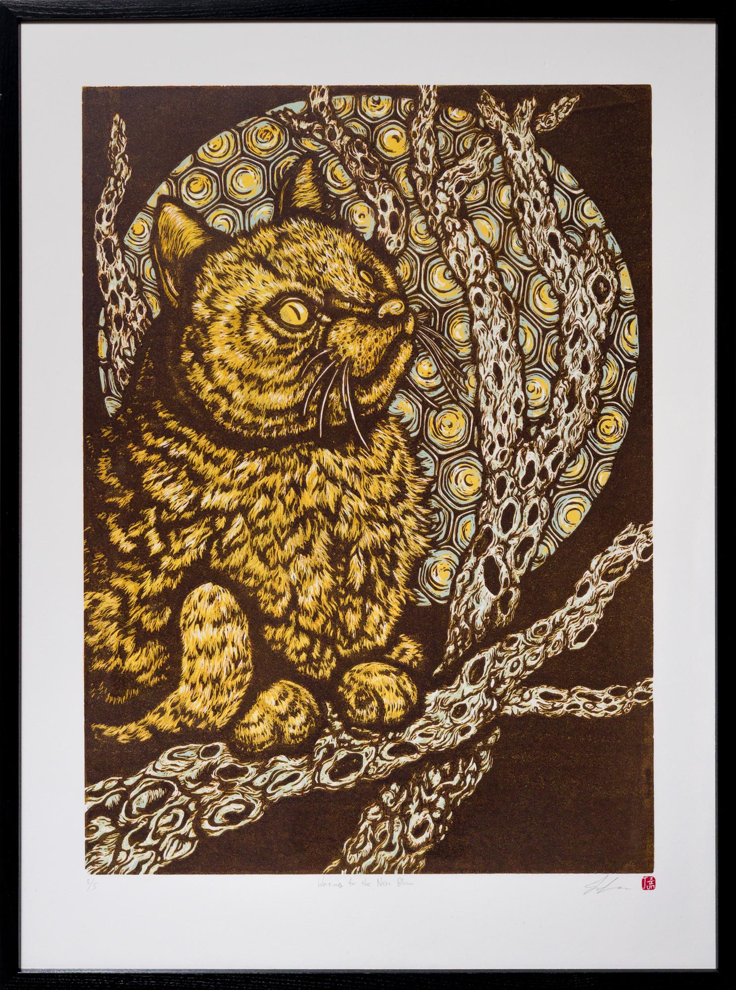 "Watch for the Next Bloom", Still Life, Cat Depiction Patterns, Woodcut Print