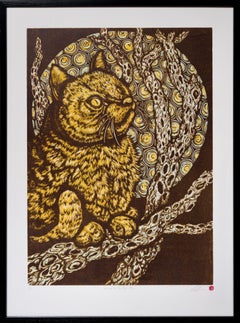 "Watch for the Next Bloom", Still Life, Cat Depiction Patterns, Woodcut Print
