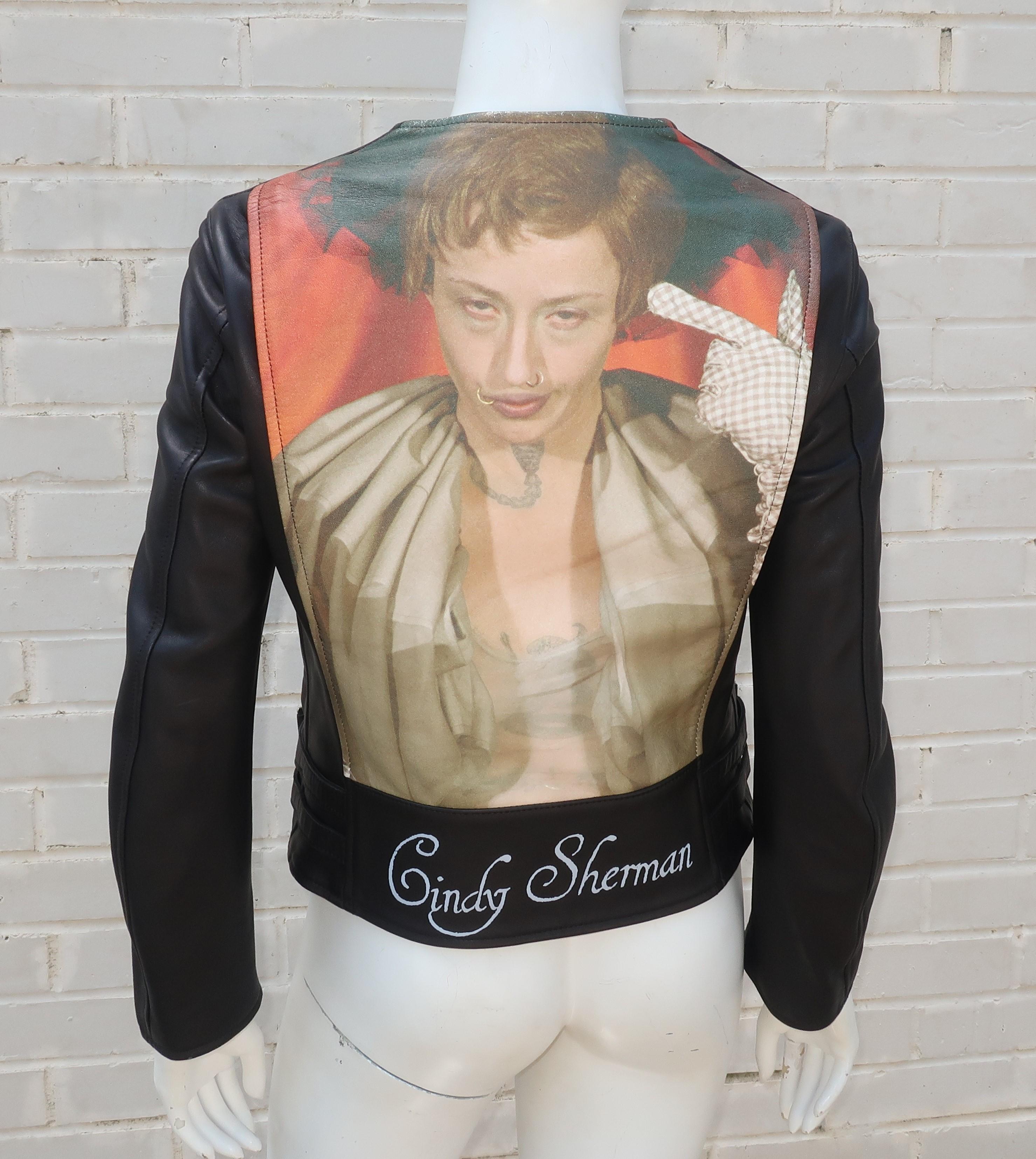 Jun Takahashi's collaboration with his friend and fellow artist, Cindy Sherman, has produced a series of evocative pieces of wearable art including this black leather motorcycle jacket printed with one of Sherman's portraits on the back.  The jacket