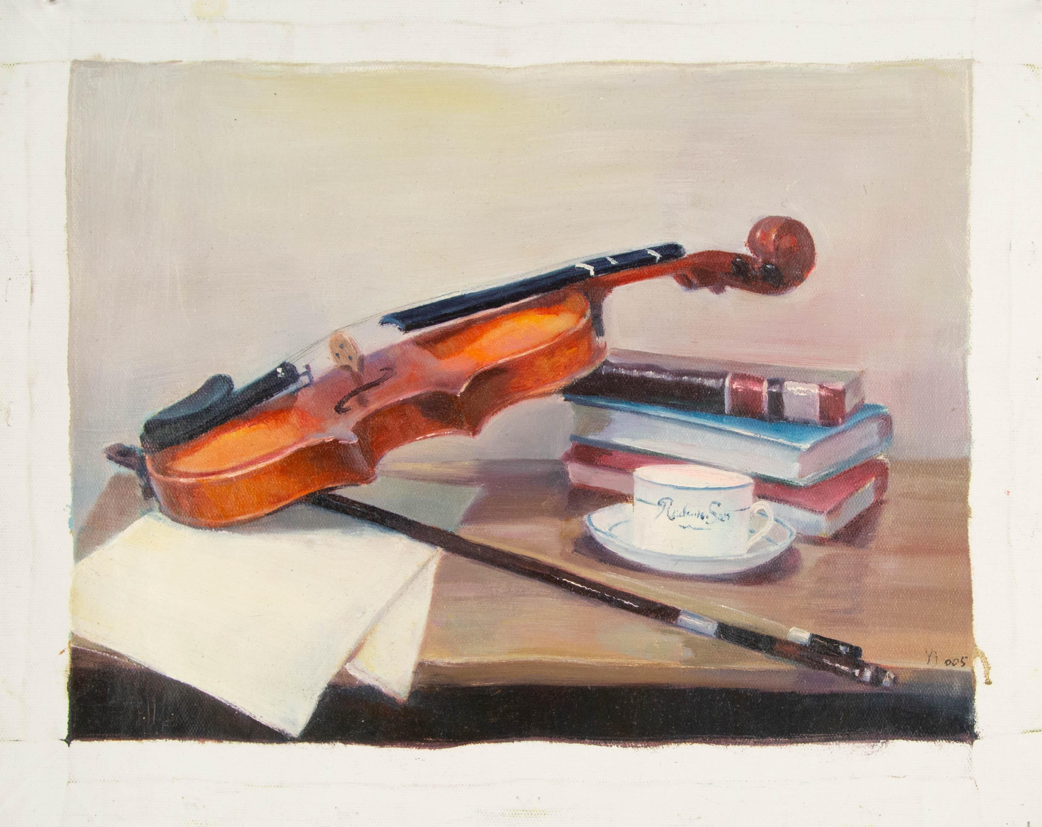 Jun Ye Stillleben Original Ölgemälde auf Leinwand „Violin“ im Angebot 8