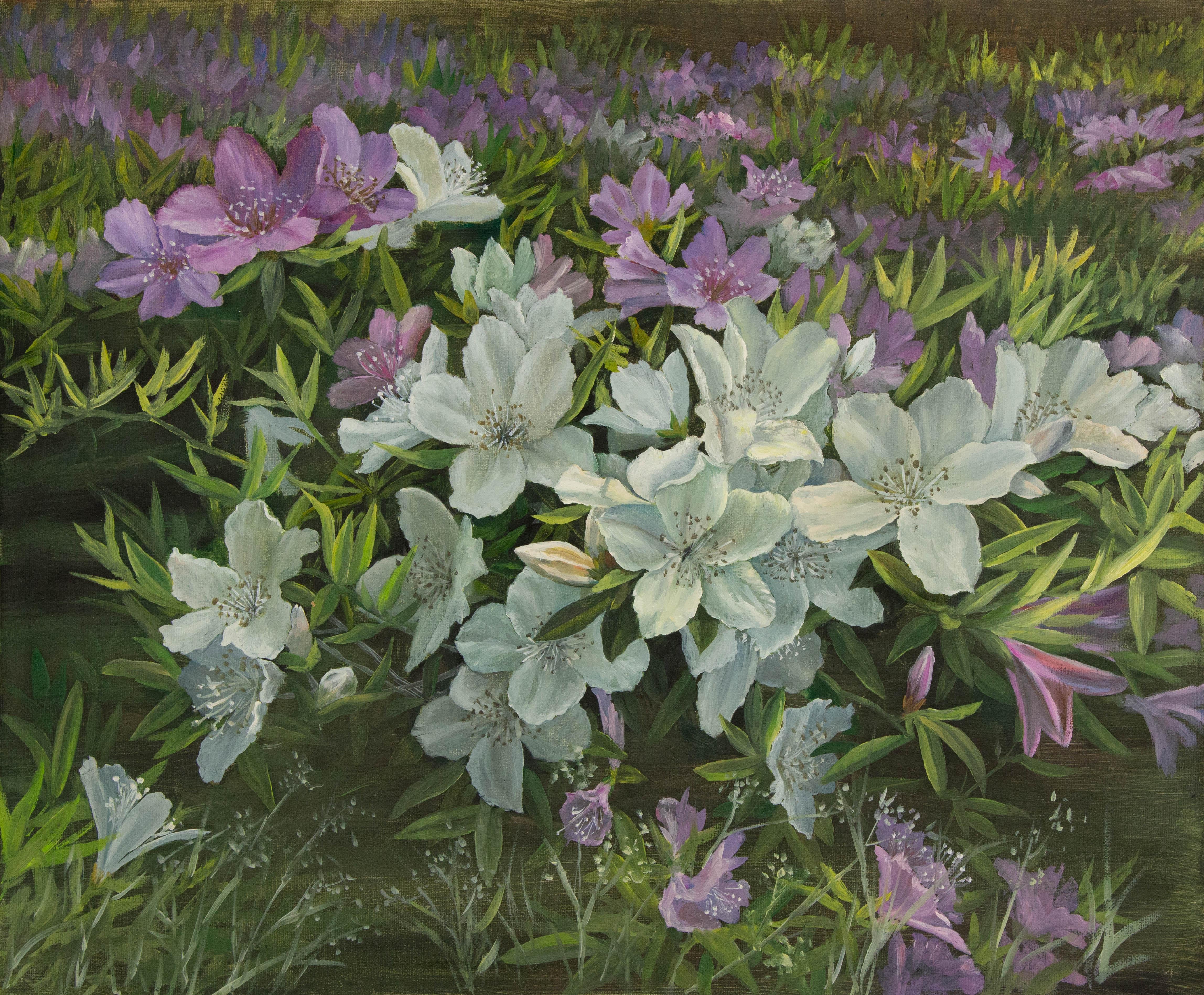  Title: Purple And White Azalea
 Medium: Oil on canvas
 Size: 19 x 23 inches
 Frame: Framing options available!
 Condition: The painting appears to be in excellent condition.
 Note: This painting is unstretched
 Year: 2016
 Artist: Jun Zhang

