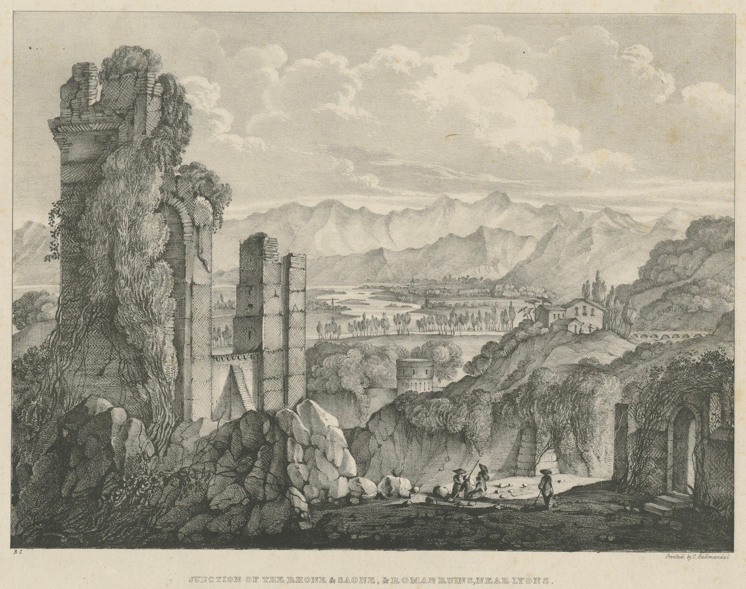 Junction of the Rhone and Saone, Roman Ruins near Lyons – Lithograph,  c.1835